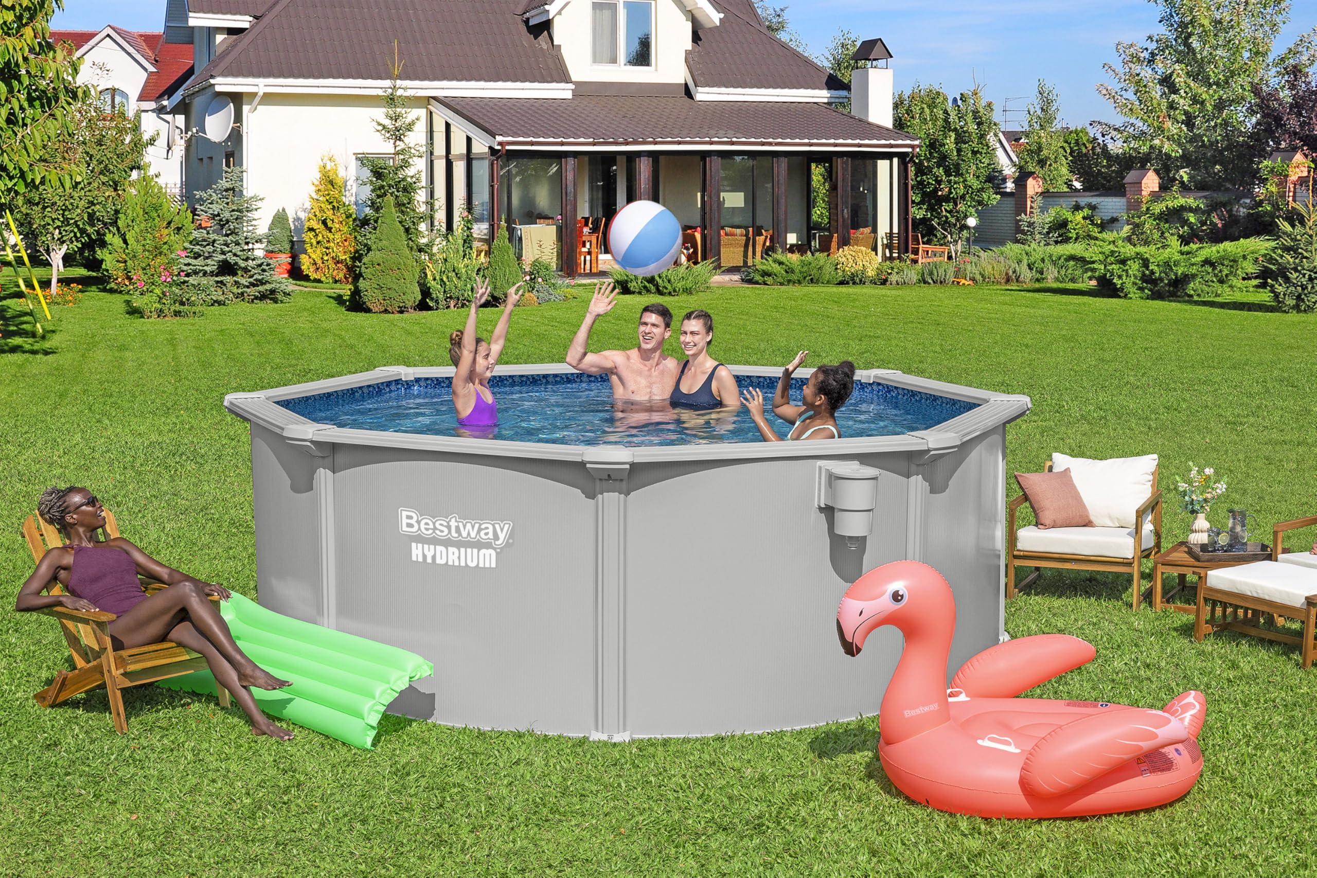 Bestway Hydrium Stahlwandpool Komplett-Set rund 366 x 122 cm Granitgrau Gartenpool Aufstellpool mit Sandfilteranlage