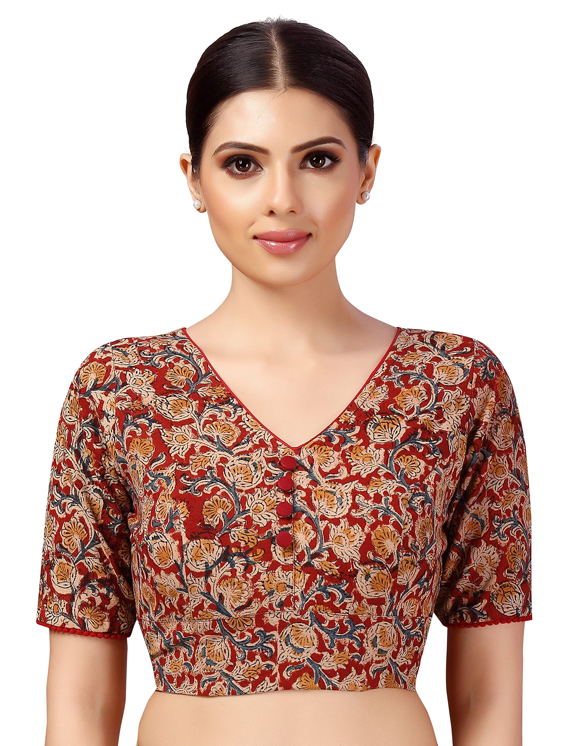 Studio Shringaar Women's Readymade Cotton Kalamkari Printed Saree Blouse with Elbow Length Sleeves