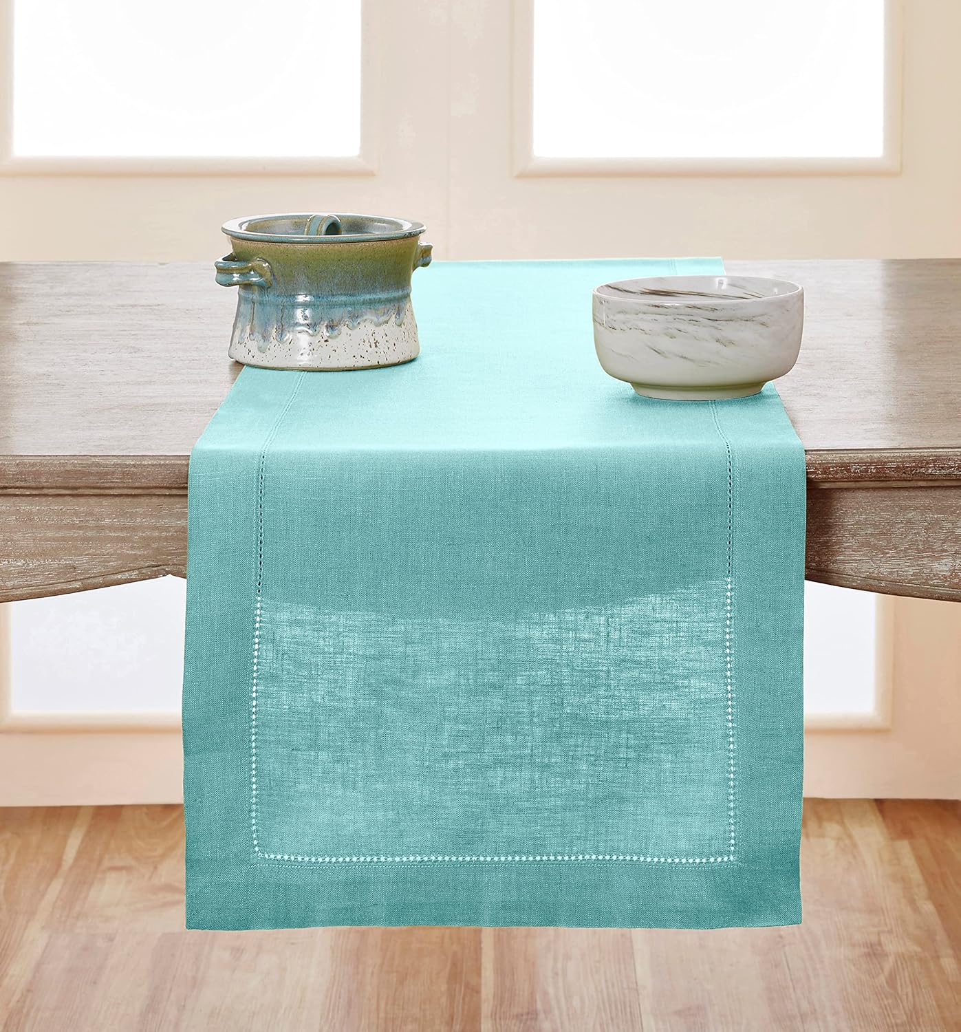 Solino Home Summer Linen Table Runner 14 x 72 Inch – 100% Pure Linen Aqua Blue Table Runner for Wedding, Dinner – Machine Washable and Handcrafted from European Flax – Classic Hemstitch : Home & Kitchen
