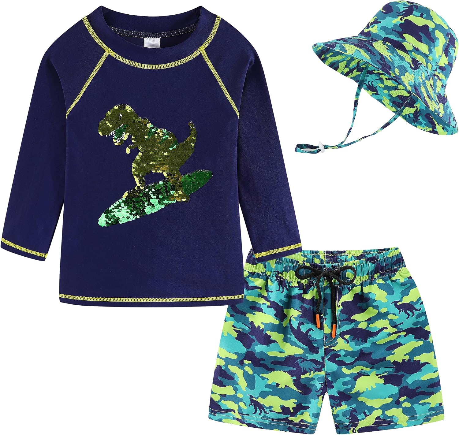 Toddlers and Baby Boys' 3-Piece Swimsuit Trunk Rashguard Set and Sun Hat Swimwear Bathing Suit Sunsuit Swim Shirt UPF 50+