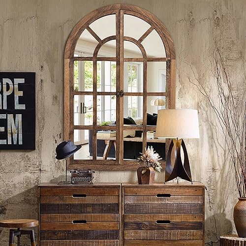 NeuType Espejo de pared arqueado de 36 x 24 pulgadas espejo de ventana con marco de madera espejo arqueado de granja espejos de pared decorativos