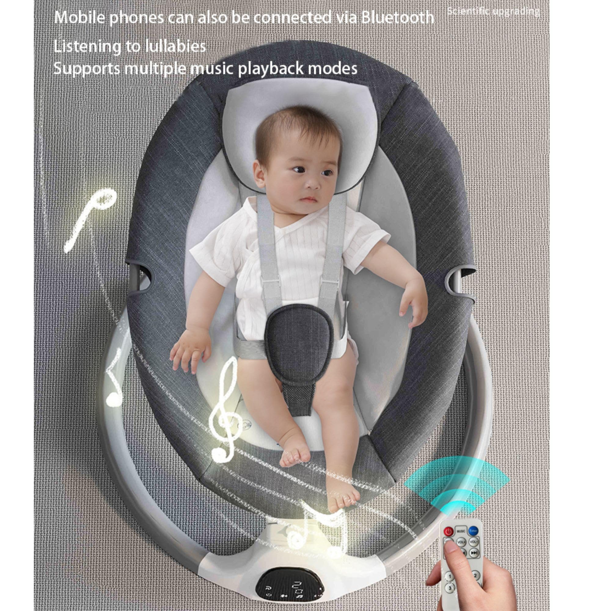 GLOKID Transat bebe électrique, balancelle bebe, pliable, harnais de sécurité 5 points, bluetooth, musique, électriqueavec télécommande, arche avec jouets (Gris)
