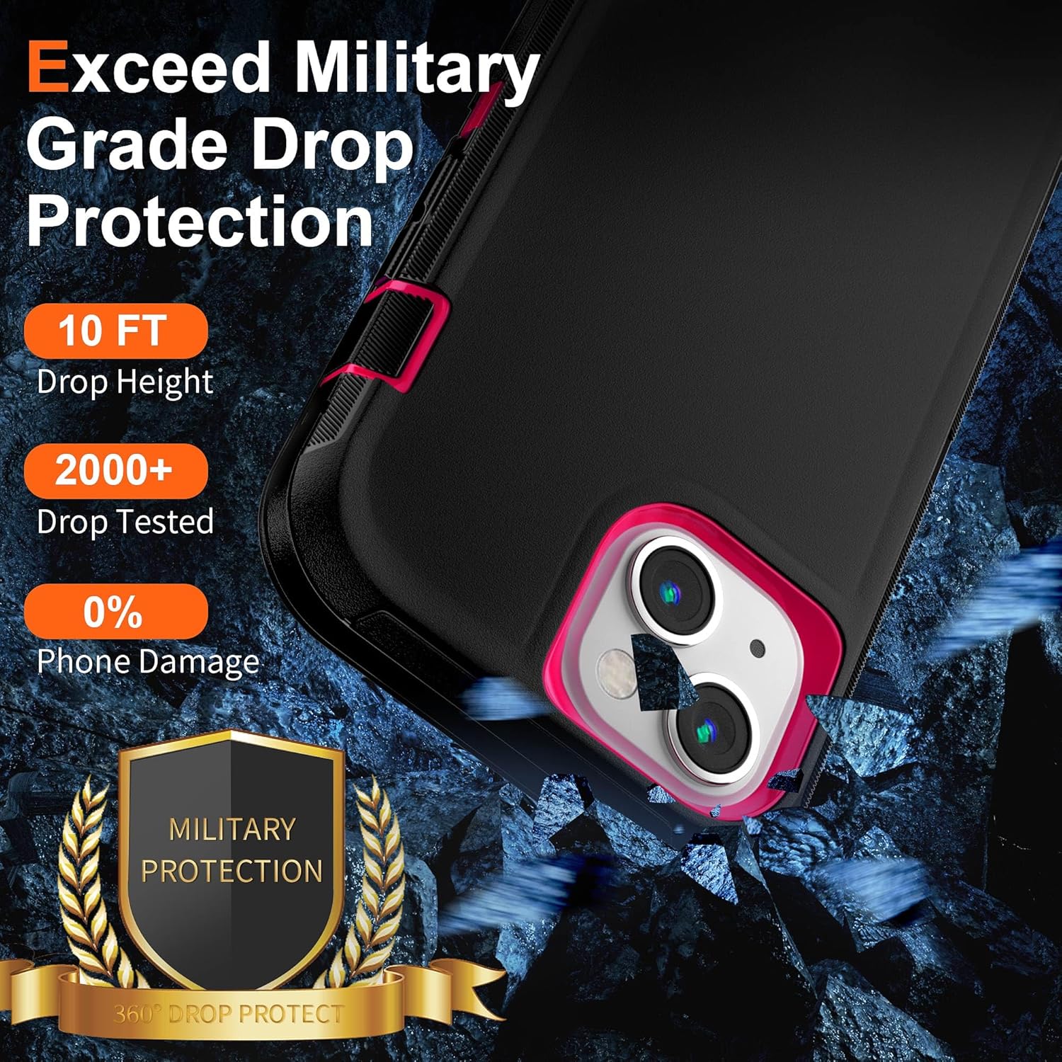 for iPhone 14 Case 6.1" Belt-Clip Kickstand with 2 Screen Protector & 2 Camera Lens Protector, Full Body Protection Heavy Duty Case Cover (Black Rose+Clip)