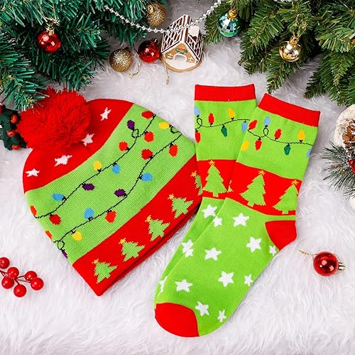 Miniatura 5 de MGparty Gorro de Navidad con luz LED, gorro de punto con calcetines de tripulación, regalos de fiesta de Navidad para adultos y niños