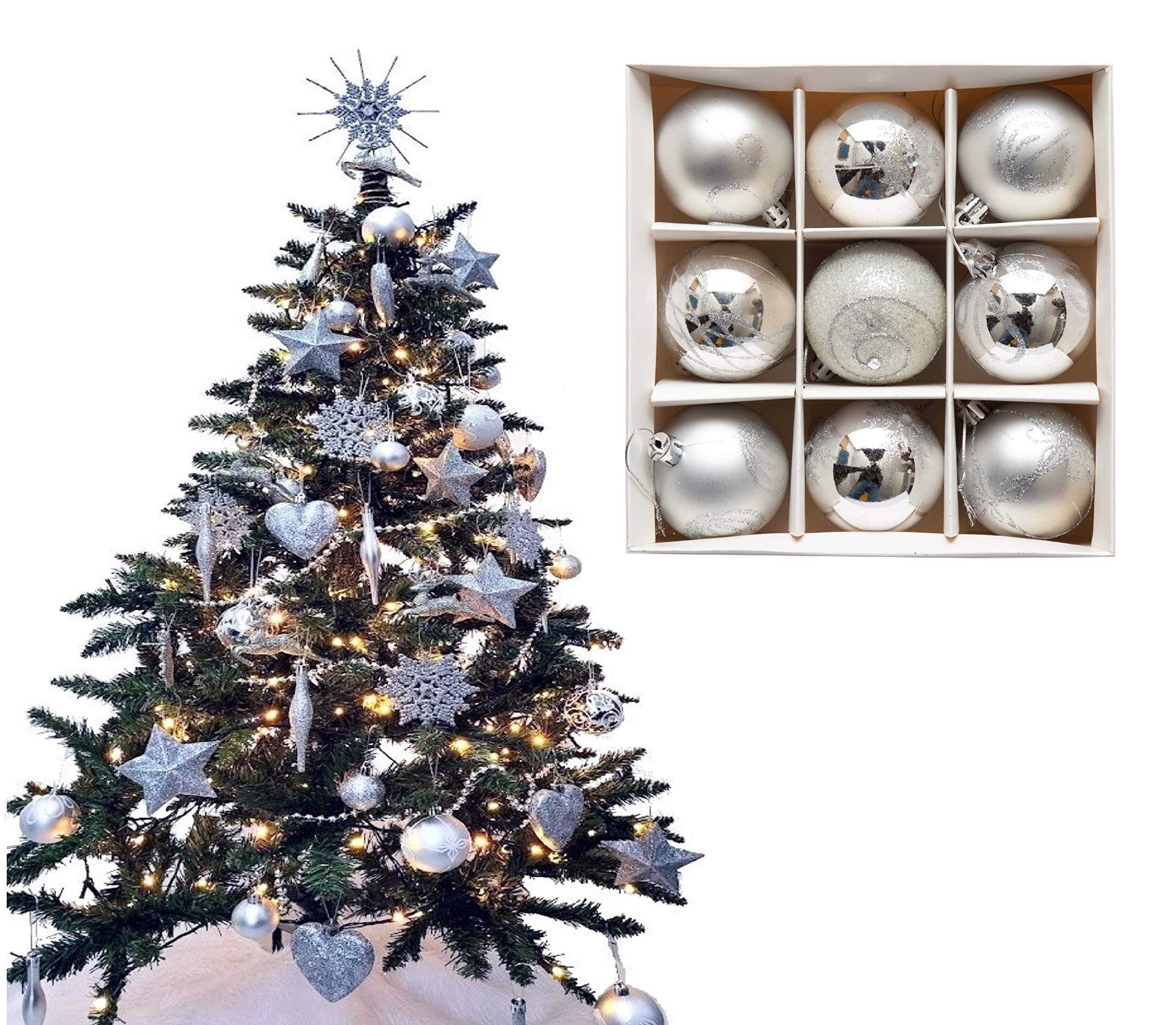 9pc Luxury Premium Baubles, Christmas Tree Bauble Decorations Matte, Glitter, shiny & Frosted (6cm) (Silver)