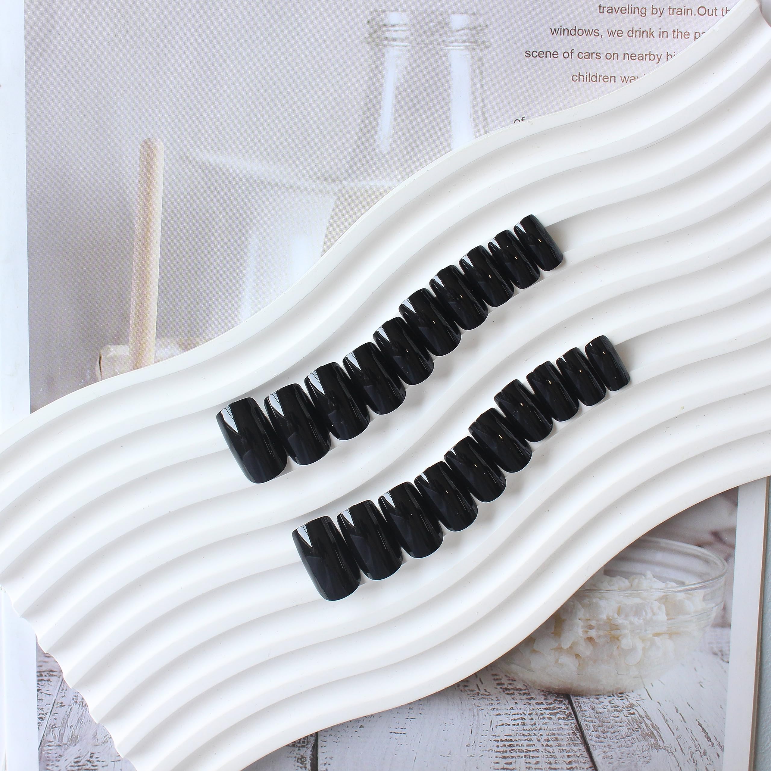 KQueenest Acrylic Press on Nails Short Medium Square, Black False Nails Short Coffin - Image 4