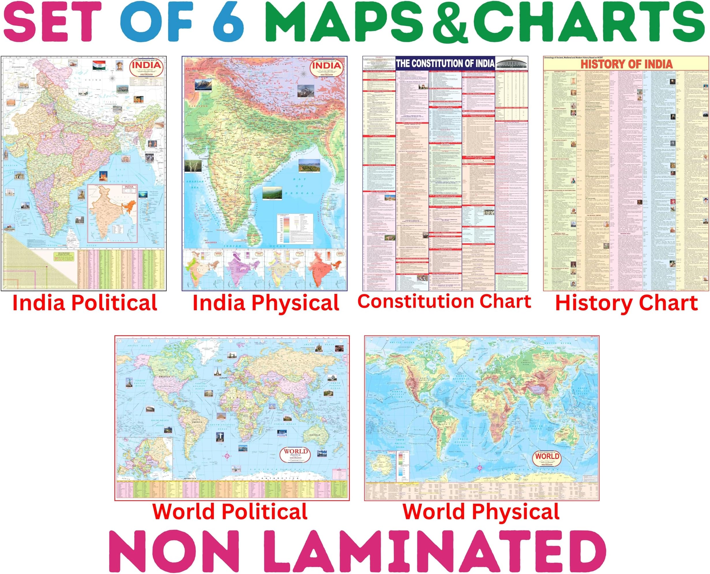 India & World Map ( Both Political & Physical ) with Indian Constitution and Indian History Chart | Set Of 6 | Use For Preparation Of UPSC, UPPSC, SSC, IES, RRB , etc Exams | India Map | World map | HP MAPS & CHARTS COMBO