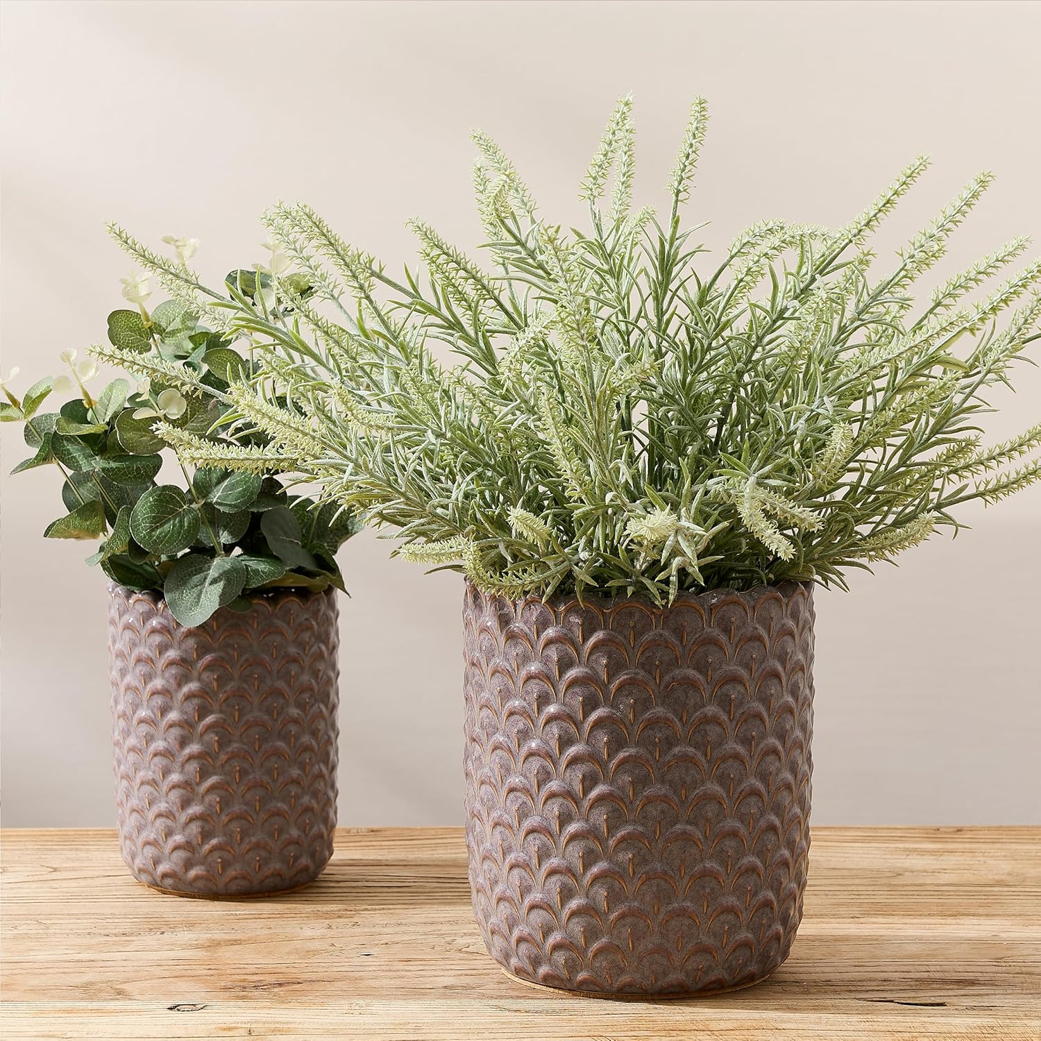 JIEMEI HOME Kitchen Utensil Holder, Large 7.5"+6.2" Petal Ceramic Utensil Crock for Countertop, Utensil Holder with Cork Mat, Morden Utensil Organizer for Spatula, Kitchen Decor, Set of 2, Purple