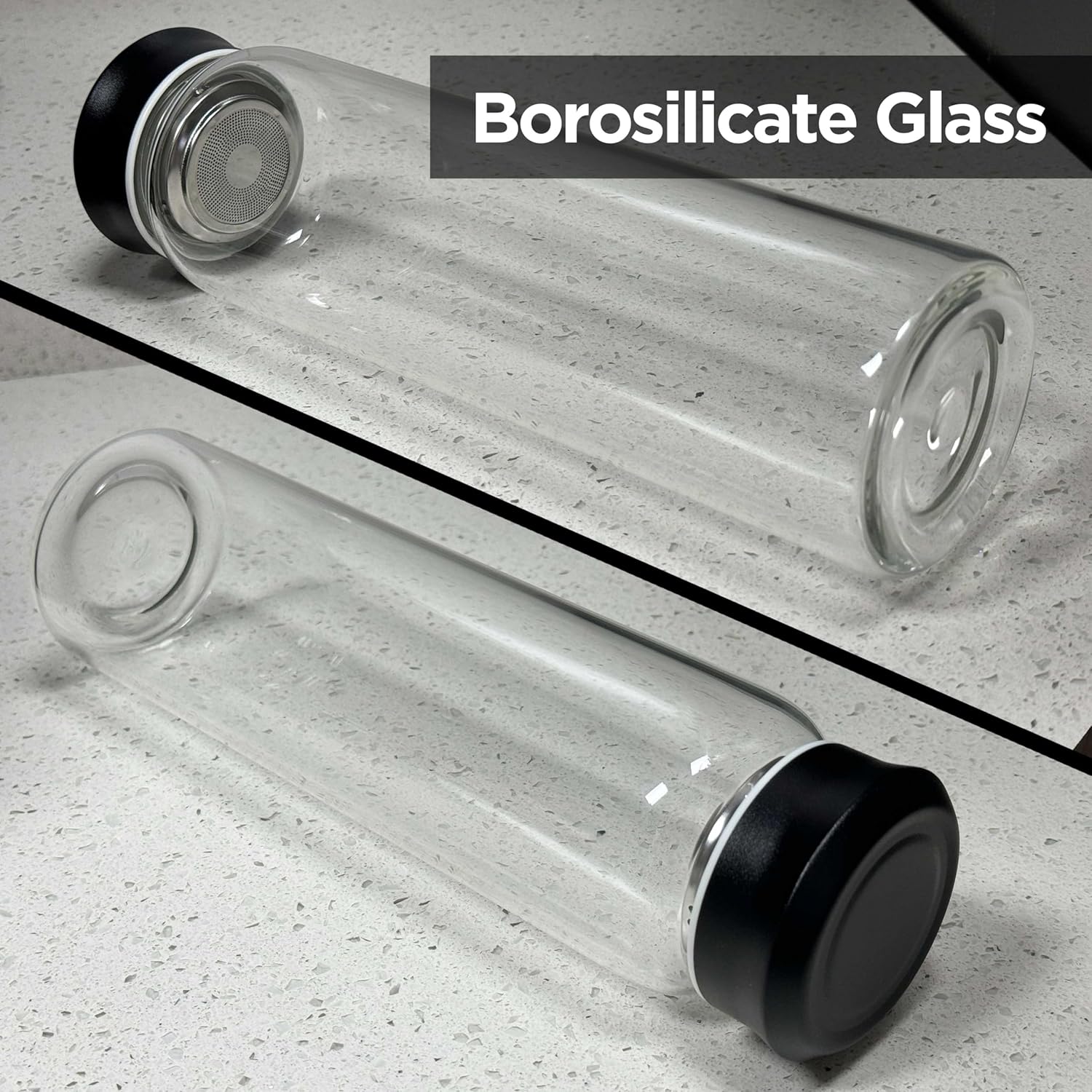 32 oz Clear Glass Water Bottles with Black Stainless Steel Lid - Wide Mouth Water Bottle with Sleeve and Strap (Black) - Image 5