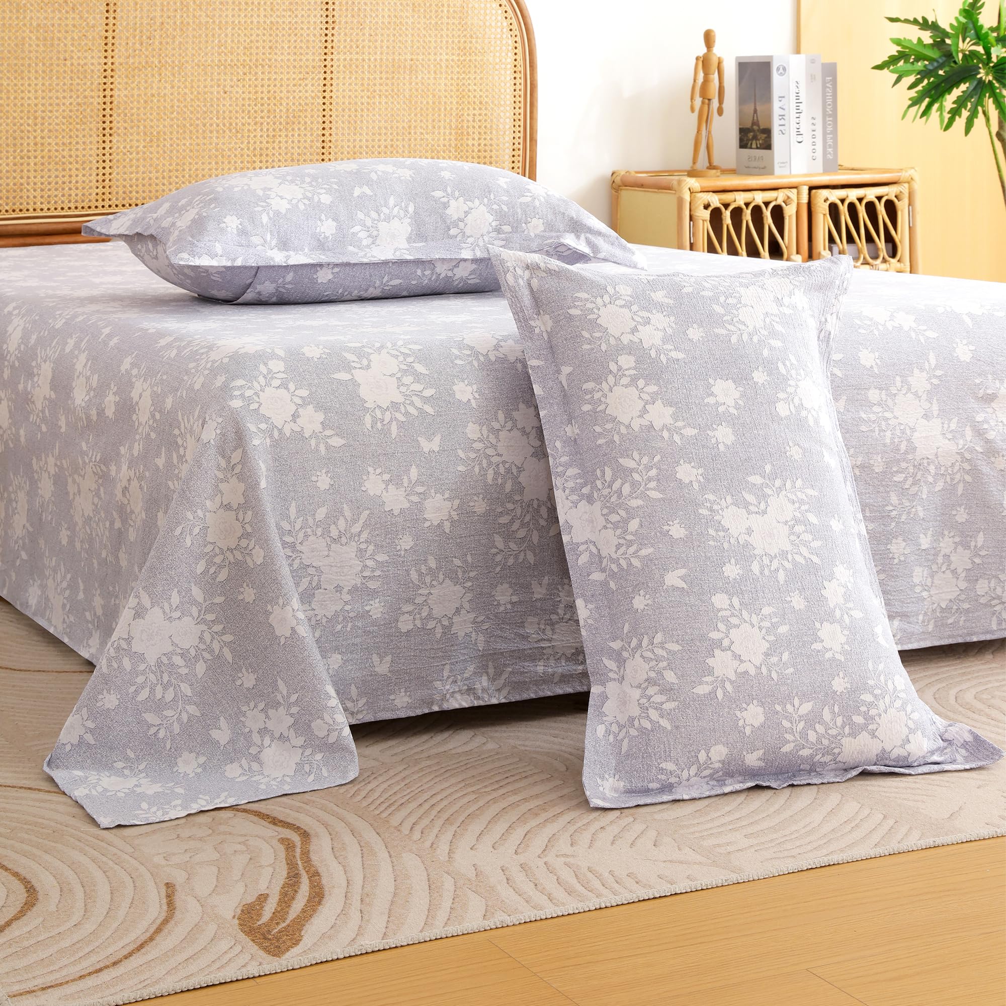 Story@Home King Size Bedsheet | Air Cotton Flatsheet King Size with Two Pillow Covers| 240 TC | Super Soft Bed Sheet for King Size Bed | Floral Design (270 x 250 cm, Grey & White)-picture-34