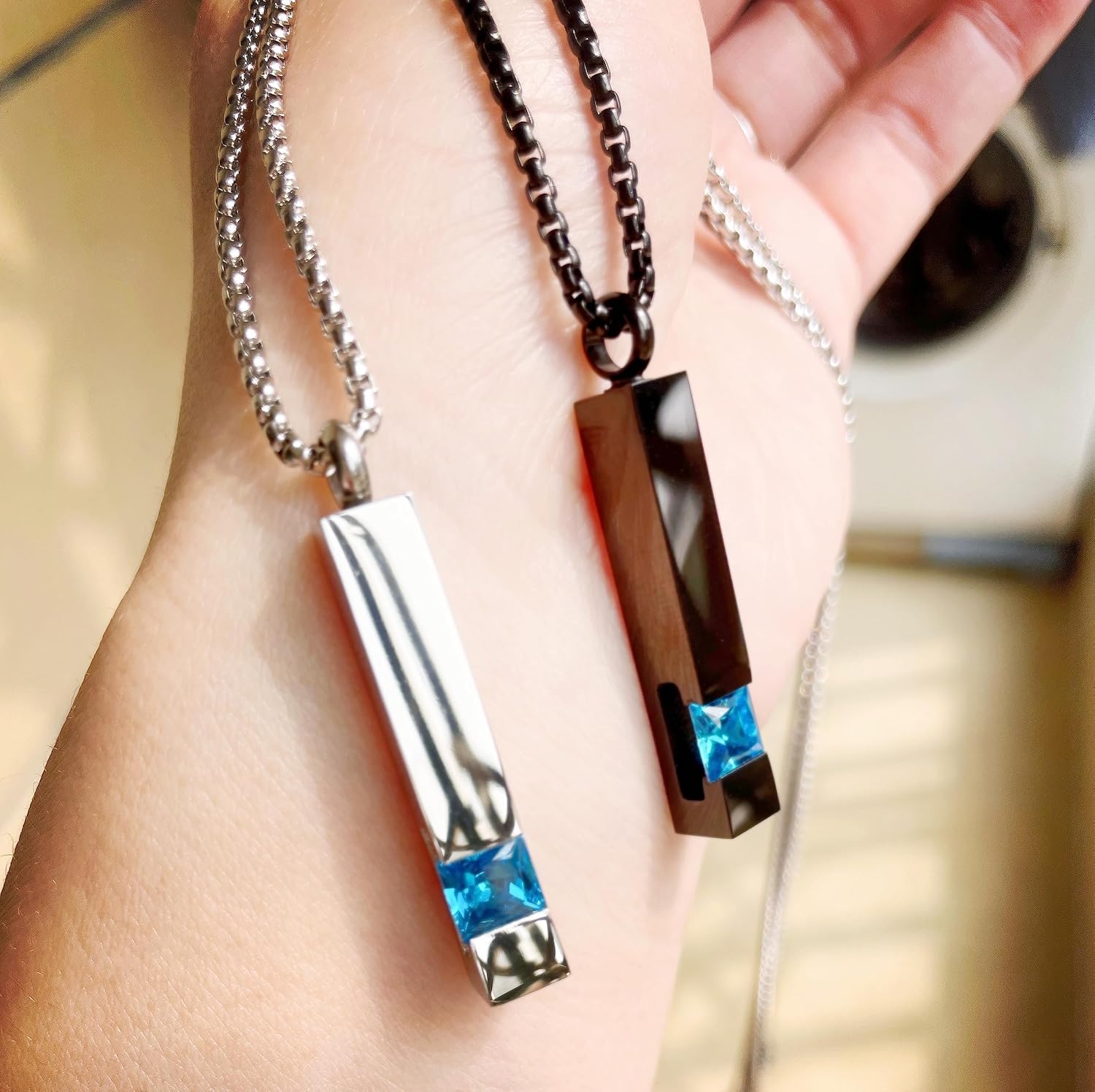 NAIVELY-2 Pieces Crystal Cremation Urn Necklace for Human Pet Ashes Stainless Steel Black Silver Tone Bar Zircon Memorial Pendant, for Ashes Keepsake Cremation