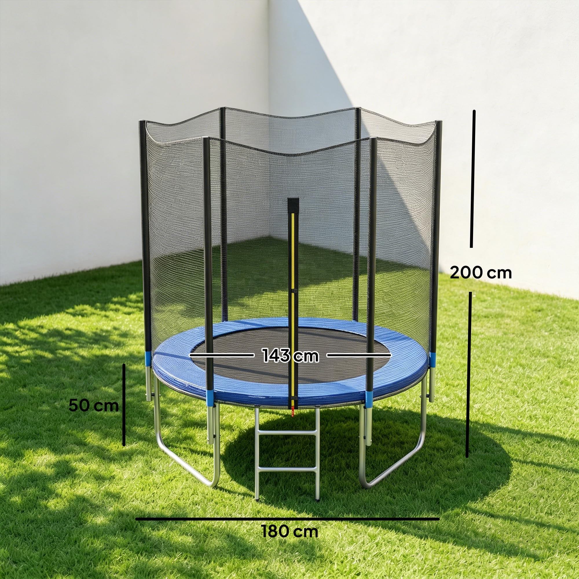 SPORTNOW Trampolino Elastico con Scaletta e Rete di Sicurezza, Tappeto Elastico in Acciaio e Plastica con 3 Gambe a U, Ø180x200 cm, Blu