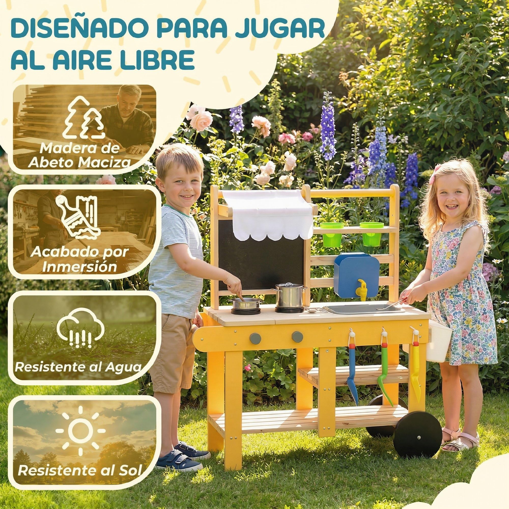AIYAPLAY Cocina de Juguete Exterior con Ruedas, Cocinita Infantil de Madera con Agua Real, Fregadero, Estufas, Estantes, Macetas, Pizarra y 15 Accesorios, 84,2x34,4x90 cm, Amarillo