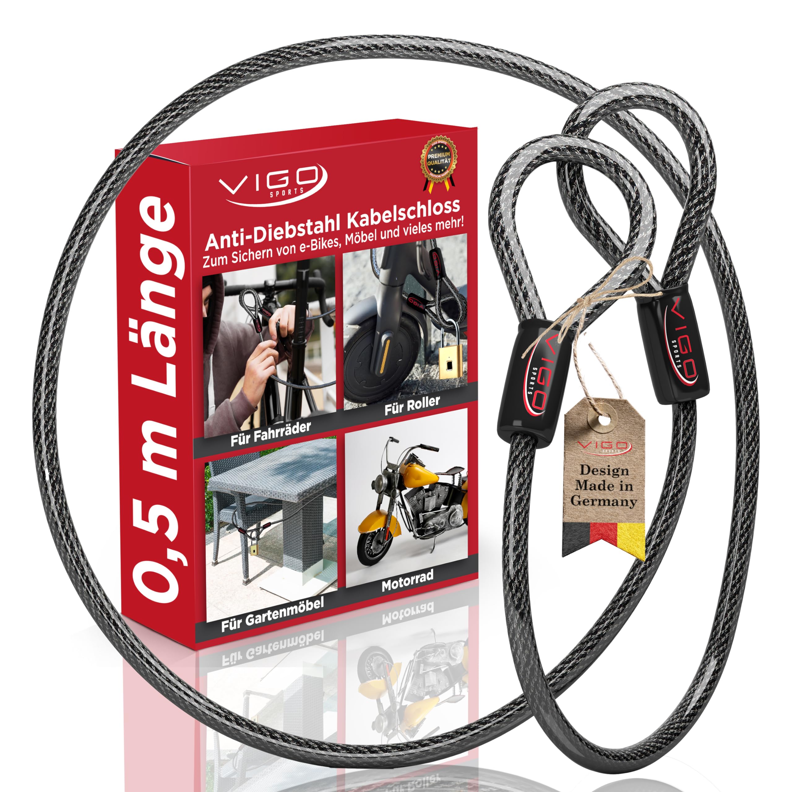 VIGO SPORTS® Armoured Steel Cable with Eyelets [50 cm] I 6 mm Thick Cable Lock to Protect Your Bike, Barbecue, Garden Furniture or Pram from Spontaneous Theft I Weatherproof and Durable