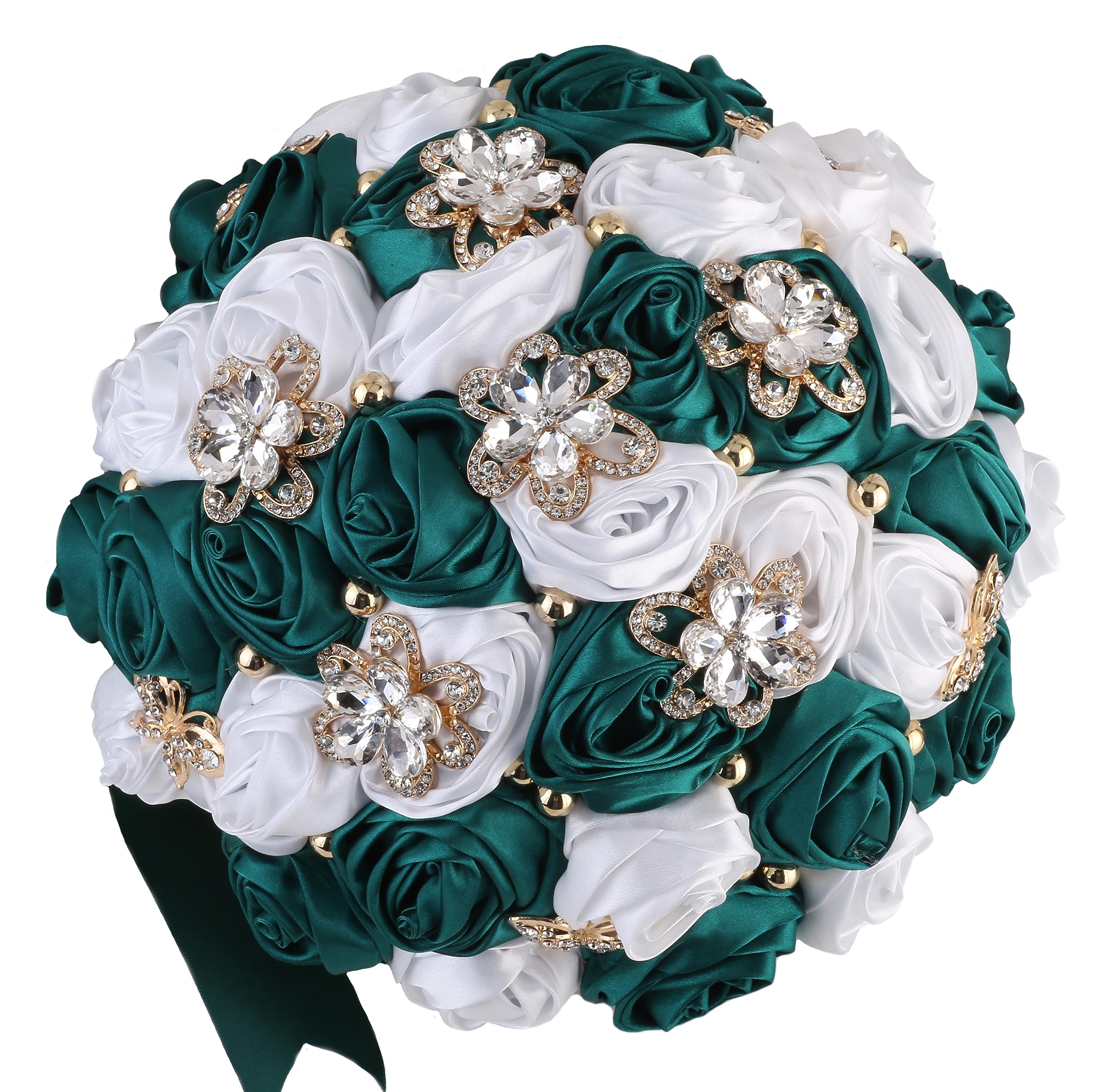 Hmplimue Handmade Bridal Wedding Bouquet Satin Rose Artificial Flower Bouquet for Bride Bridesmaid Holding Toss Round Wedding Bouquets Sparkling Rhinestone Brooch Crystals Pearl Dark Green & White