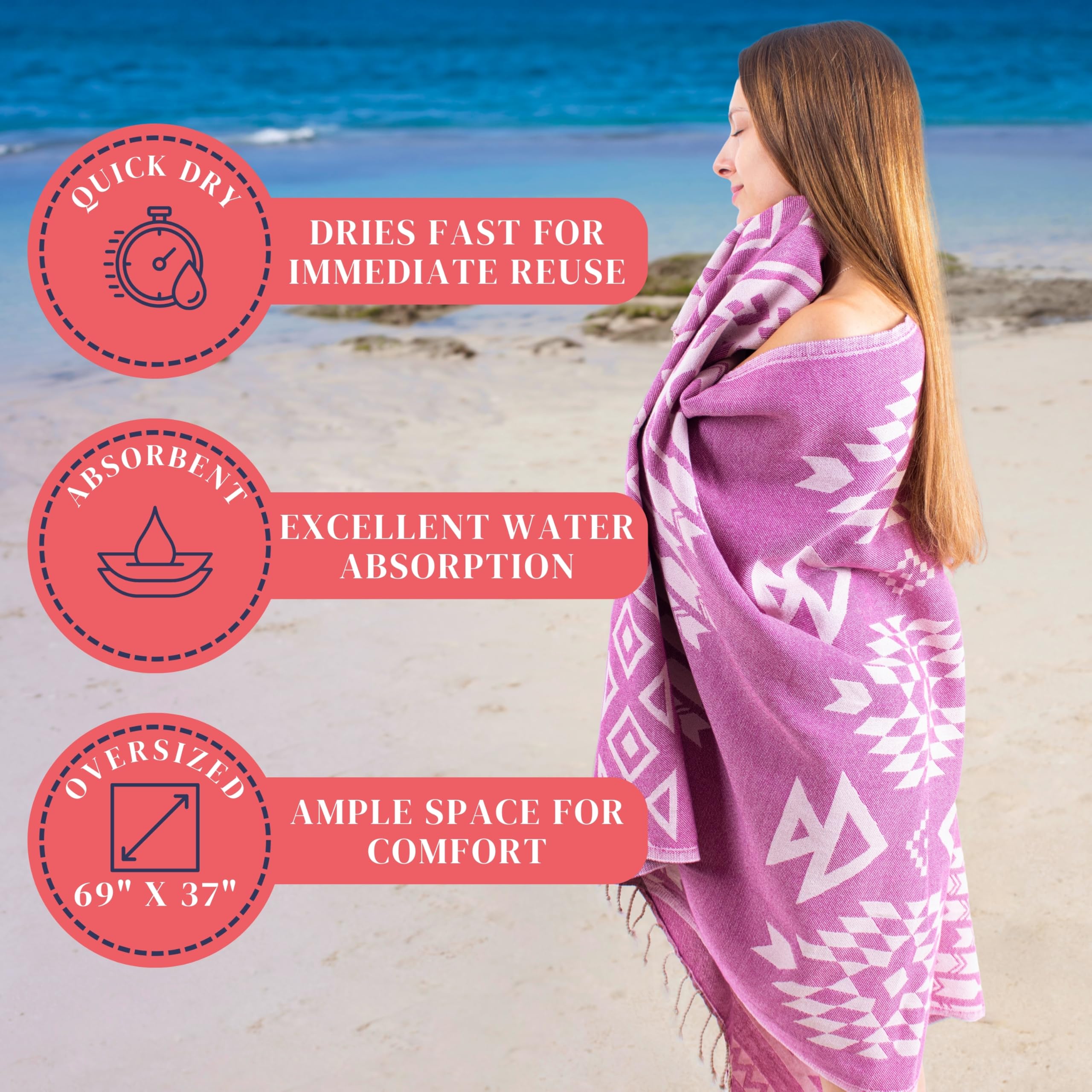 Fast-Dry Turkish Beach Towel - 69x37 Inch, Compact & Sand-Resistant For Travel & Swimming