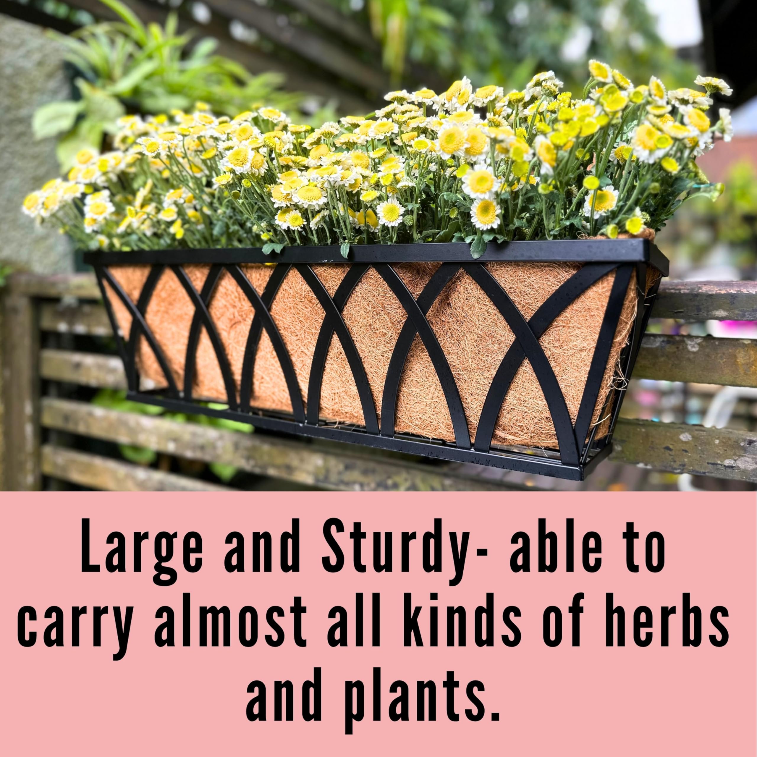 LáLáGreen Jardineras para Barandilla 4 Pack, 76 cm, Cajas Grandes para Plantas de Exterior con Forro de Coco, Maceteros de Metal para Balcón, Valla, Terraza y Patio