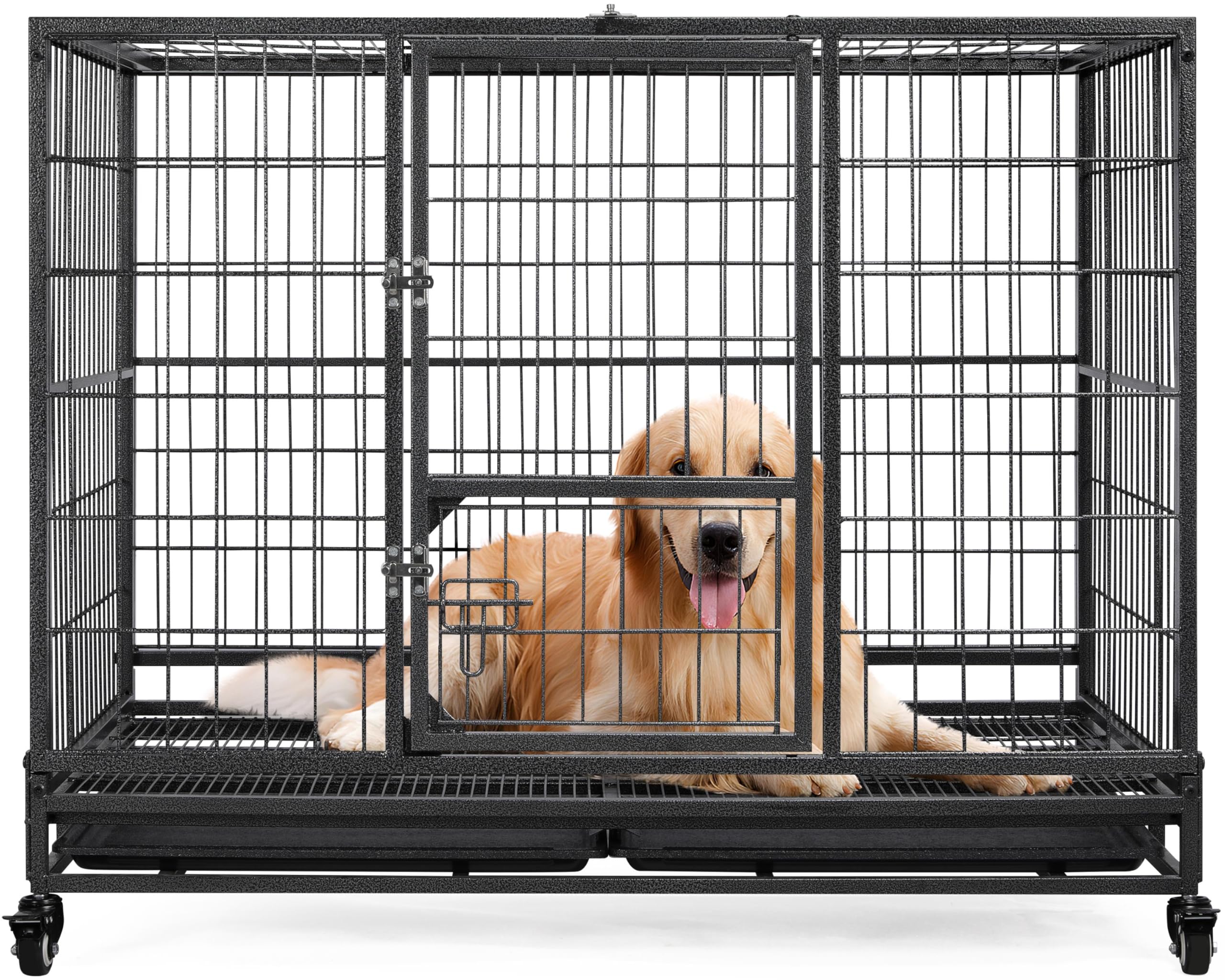 Yaheetech 43in Heavy Duty Escape Proof Dog Crate Cage w/Double Doors, 2 Removable Trays, Lockable Wheels, Indestructible Dog Kennel for Medium/Large Dogs