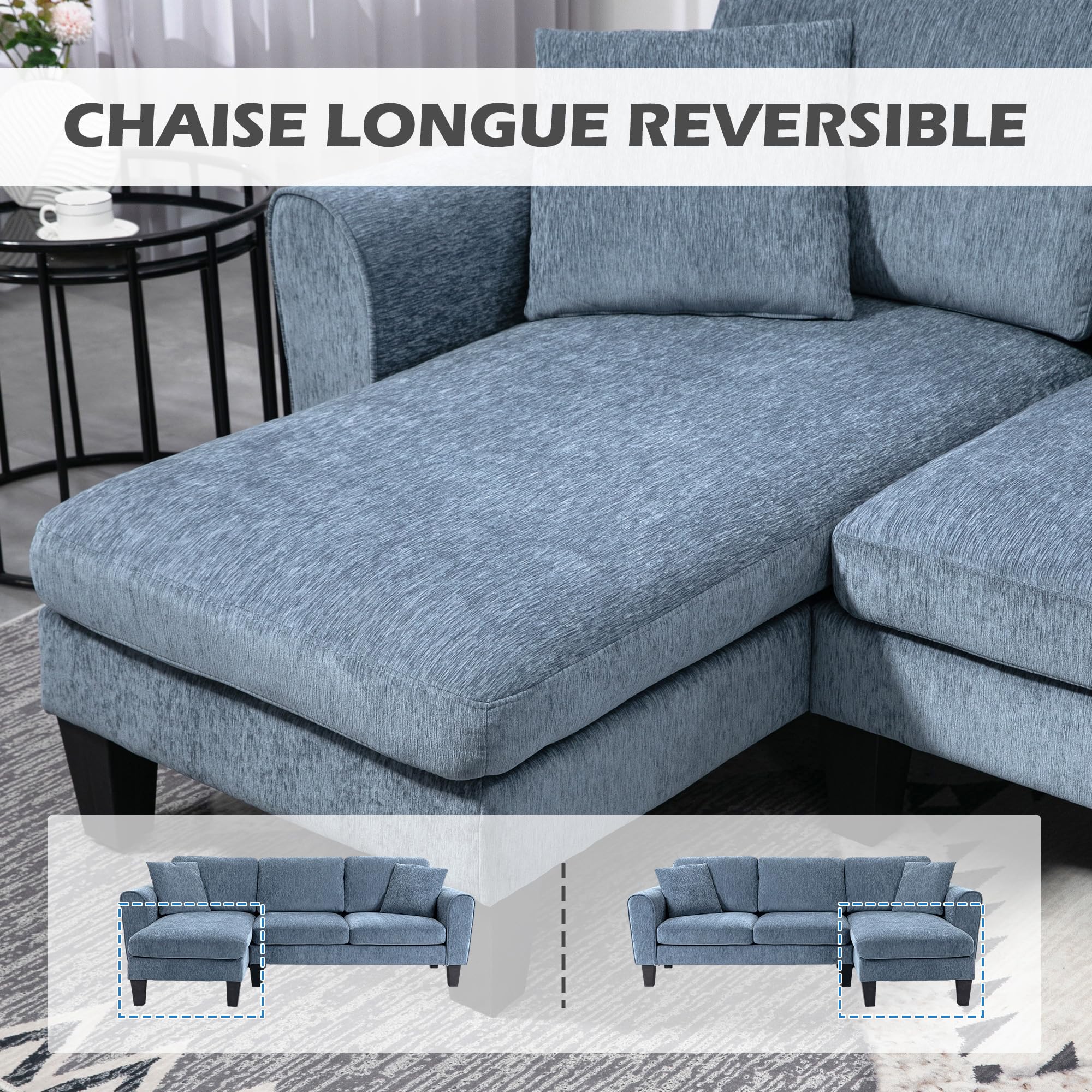 HOMCOM Sofá Chaise Lounge Reversible 200 kg 230x138x87 cm Azul Oscuro