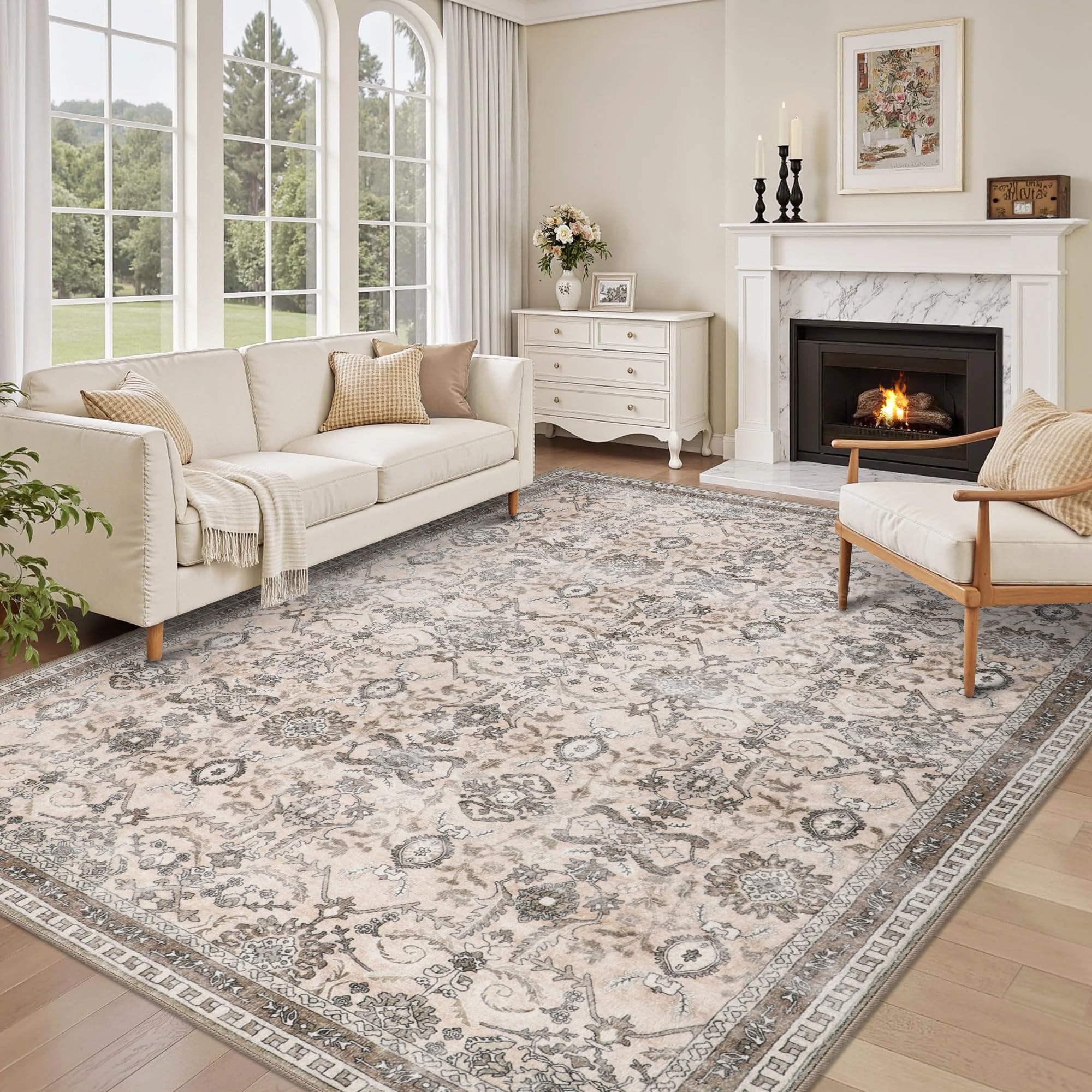 IMIYOKU Washable Rugs Living Room Large 160x230cm, Boho Vintage Living Room Rug Carpet with Non-Slip Backing, Soft Low Pile Beige Area Rugs for Bedroom Dining Room Kitchen Office Decor — image 1