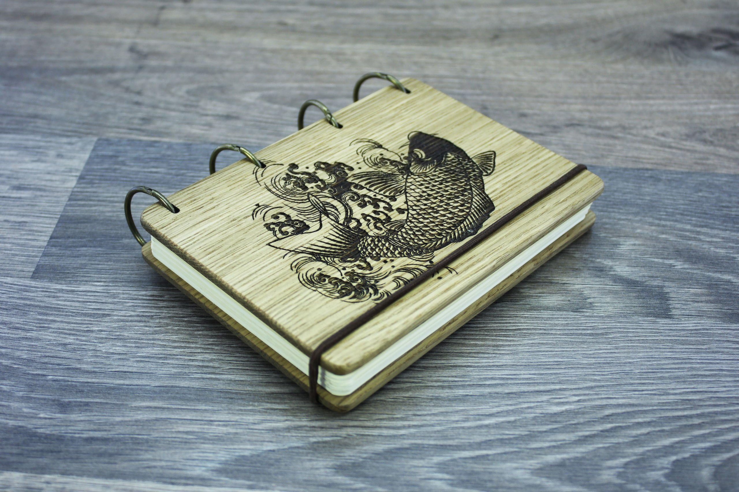 Wooden notebook, wooden Journal, wooden Sketchbook, Large wooden Journal, sketch book: Fish