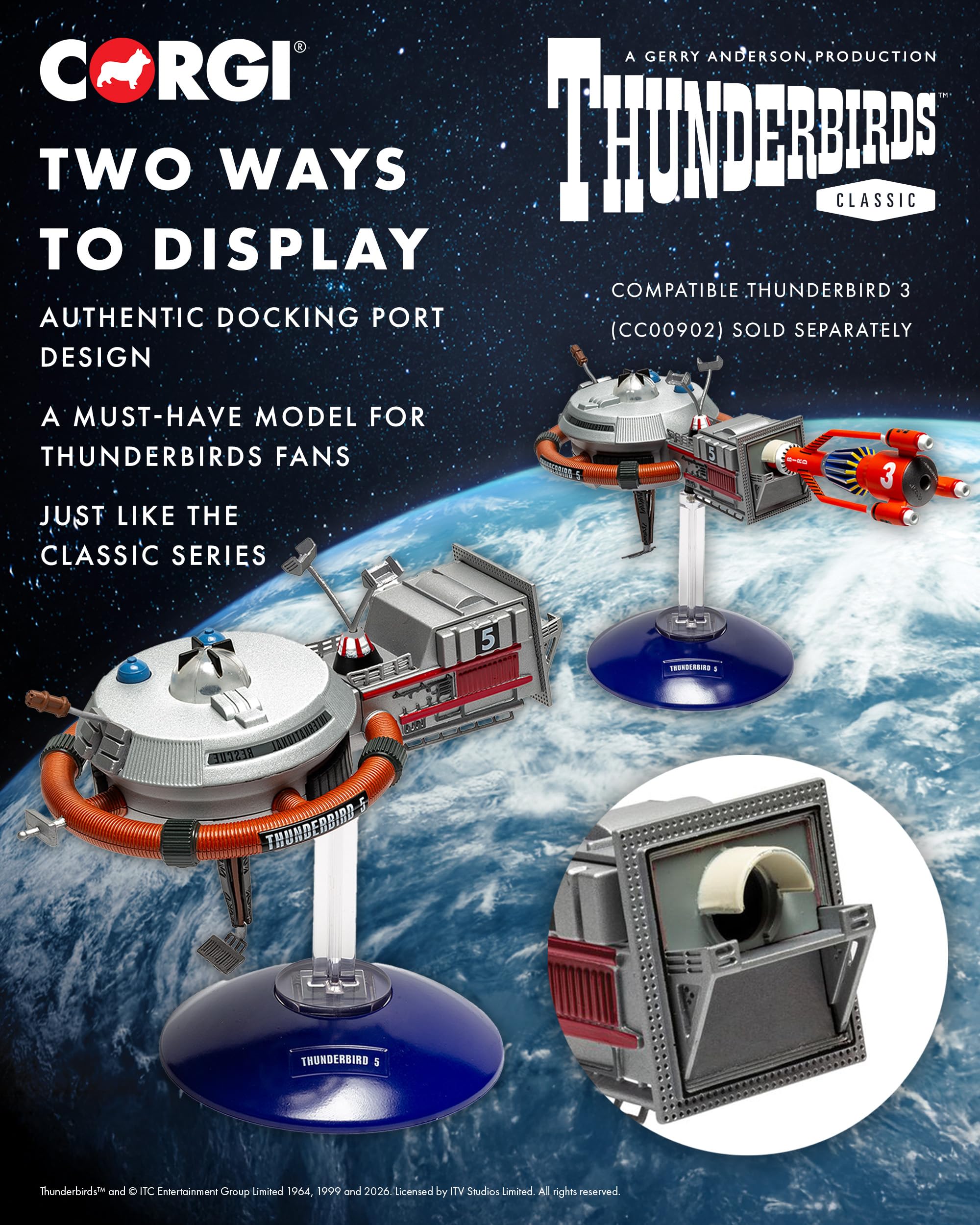 Corgi CC01501 Thunderbirds F.A.B. Collection - Modelo Thunderbird 5 Fundido a presión, estación Espacial Detallada con Soporte de exhibición, Modelos de Naves espaciales preconstruidas para más de 14