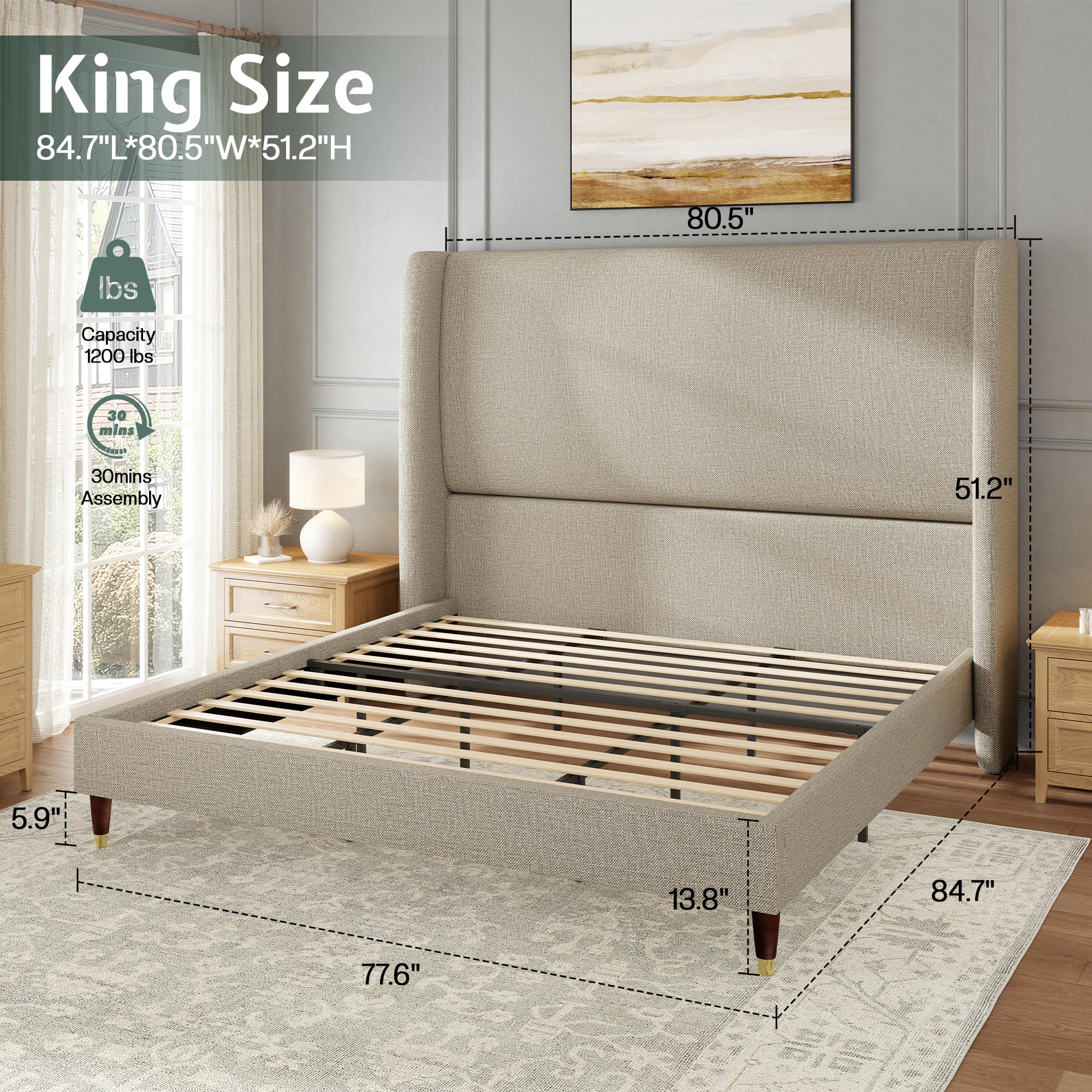 Best Upholstered Bed Frames of 2026 3 Jocisland King Bed Frame Linen Upholstered Wingback Headboard, Brown - product photo