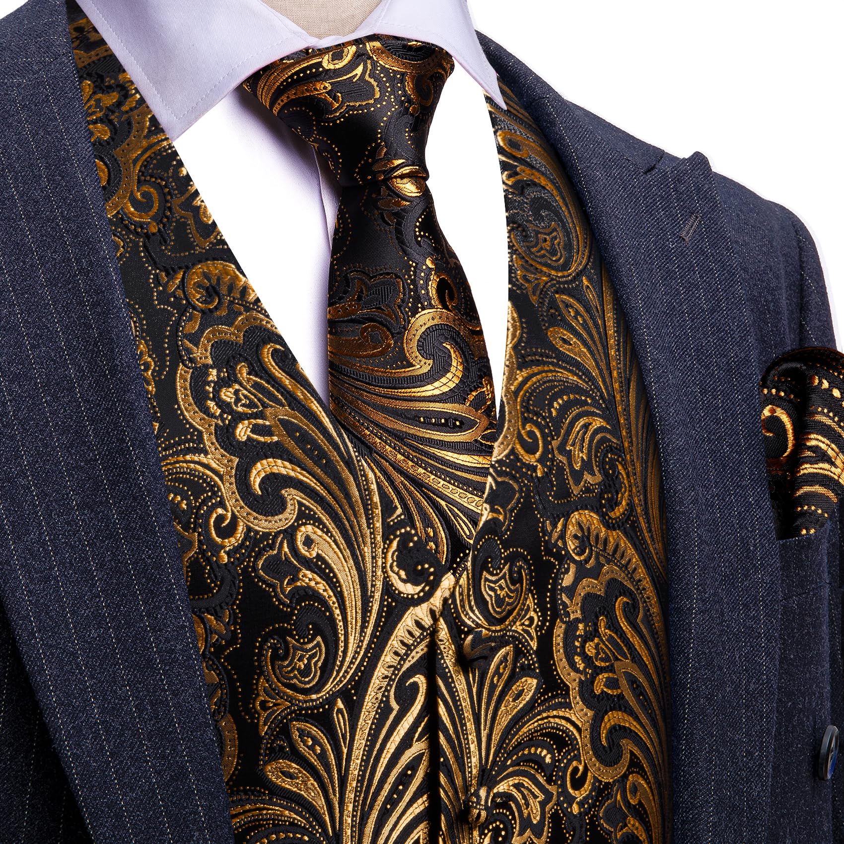Barry.Wang Set di 7 gilet da uomo in seta jacquard con scollo a V, set da 7 pezzi, gilet formale con cravatta papillon e tasca quadrata per matrimoni e affari