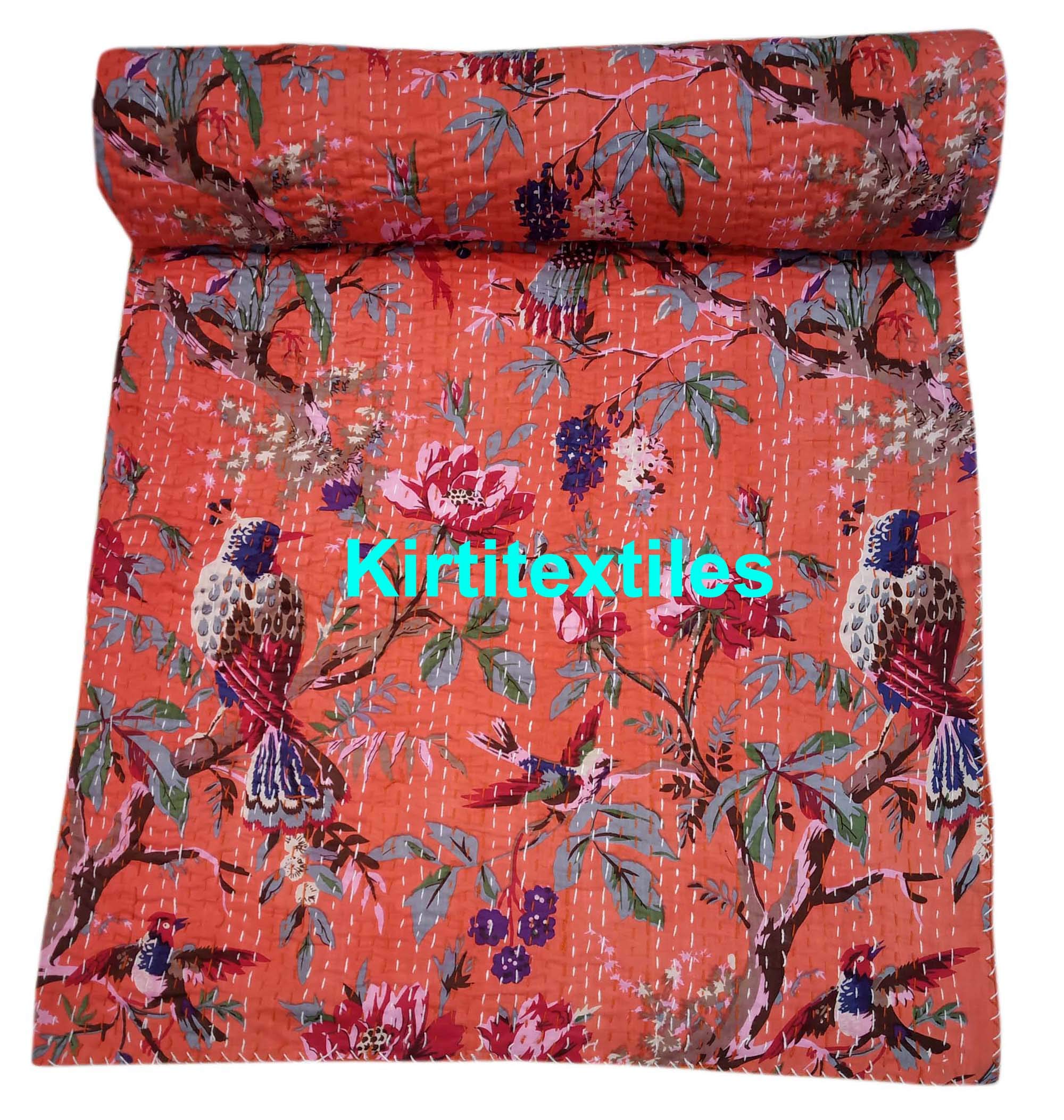 Kirti Textile and Handicraft Handmade Cotton Bedspread Throw/Kantha.Quilt/Bed Cover (60x90 Inch, Multicolour)-image-45