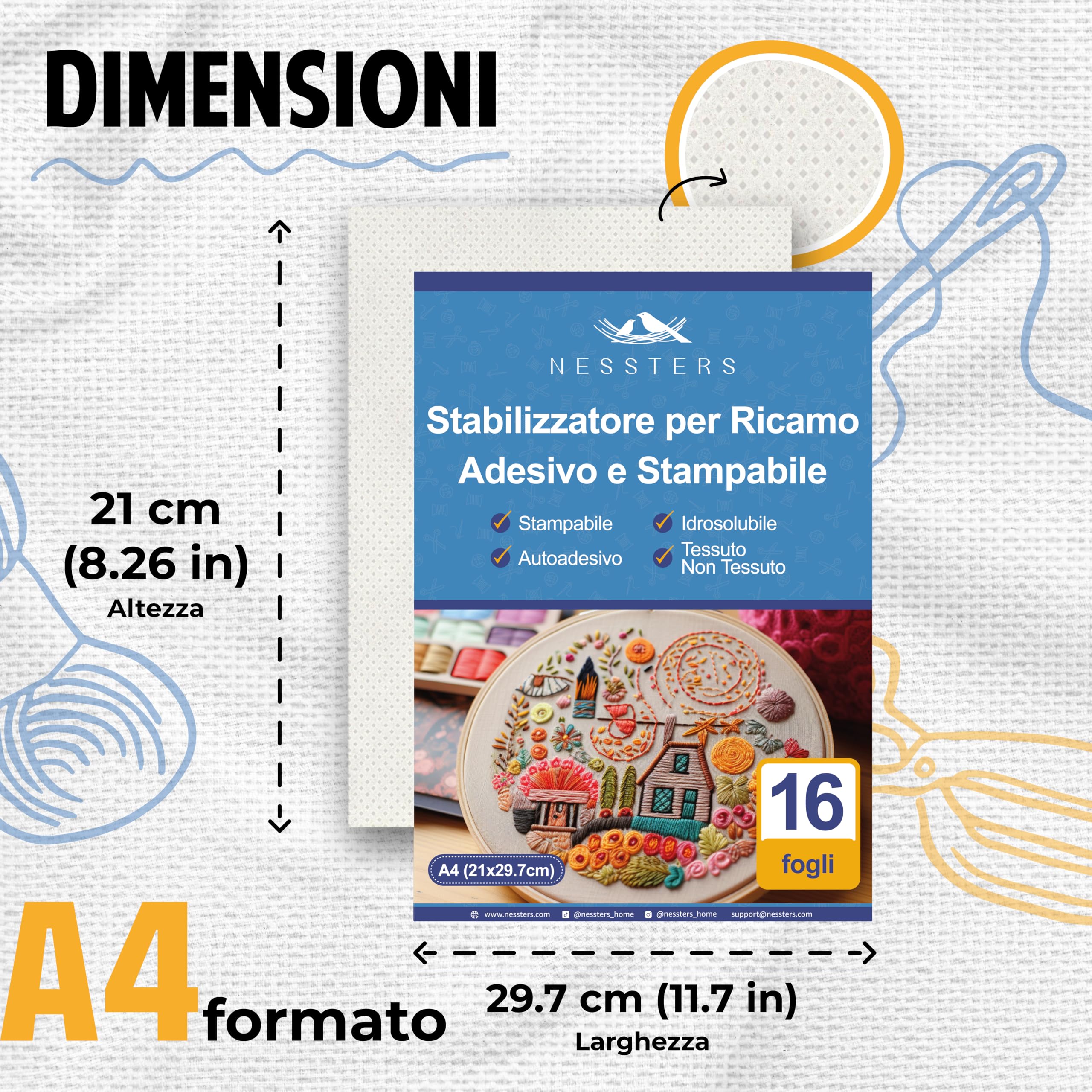 Carta Adesiva Idrosolubile per Ricamare – 16 Fogli A4 Stampabili – Carta per Ricamo Adesiva e Solubile in Acqua – Stabilizzatore Ricamo per Stick and Stitch, per Ricamare a Mano o Macchina