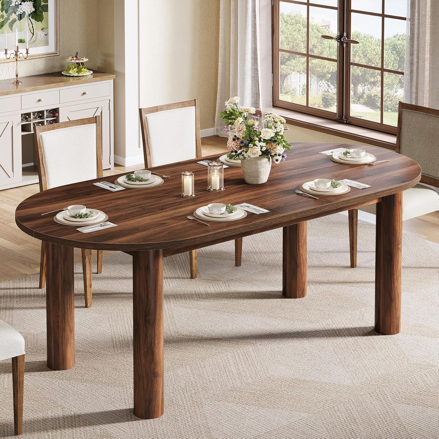 Tribesigns 63" Oval Dining Table for 6, Walnut Wooden Kitchen Table with Arc-Shaped Edge Top for Dinner Room, Living Room, Easy Assembly (Only Table)