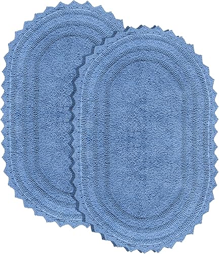 RAJRANG - Alfombra de baño ovalada azul parisino de 24 x 17 pulgadas, paquete de 2 tapetes de baño reversibles de ganchillo de algodón para