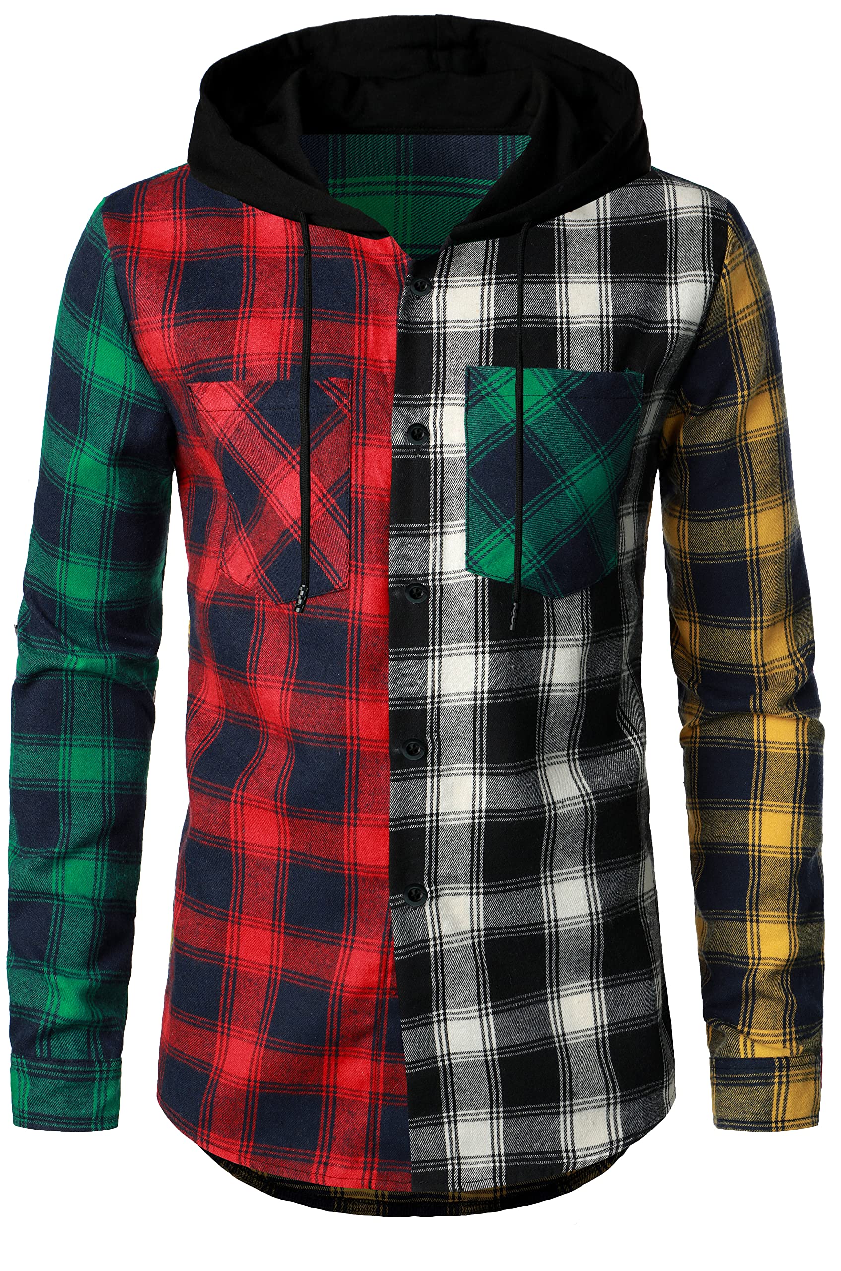 Iris SpriteMen Hooded Plaid Shirts Button Splice Sweatshirt Long Sleeve Lattice Tops