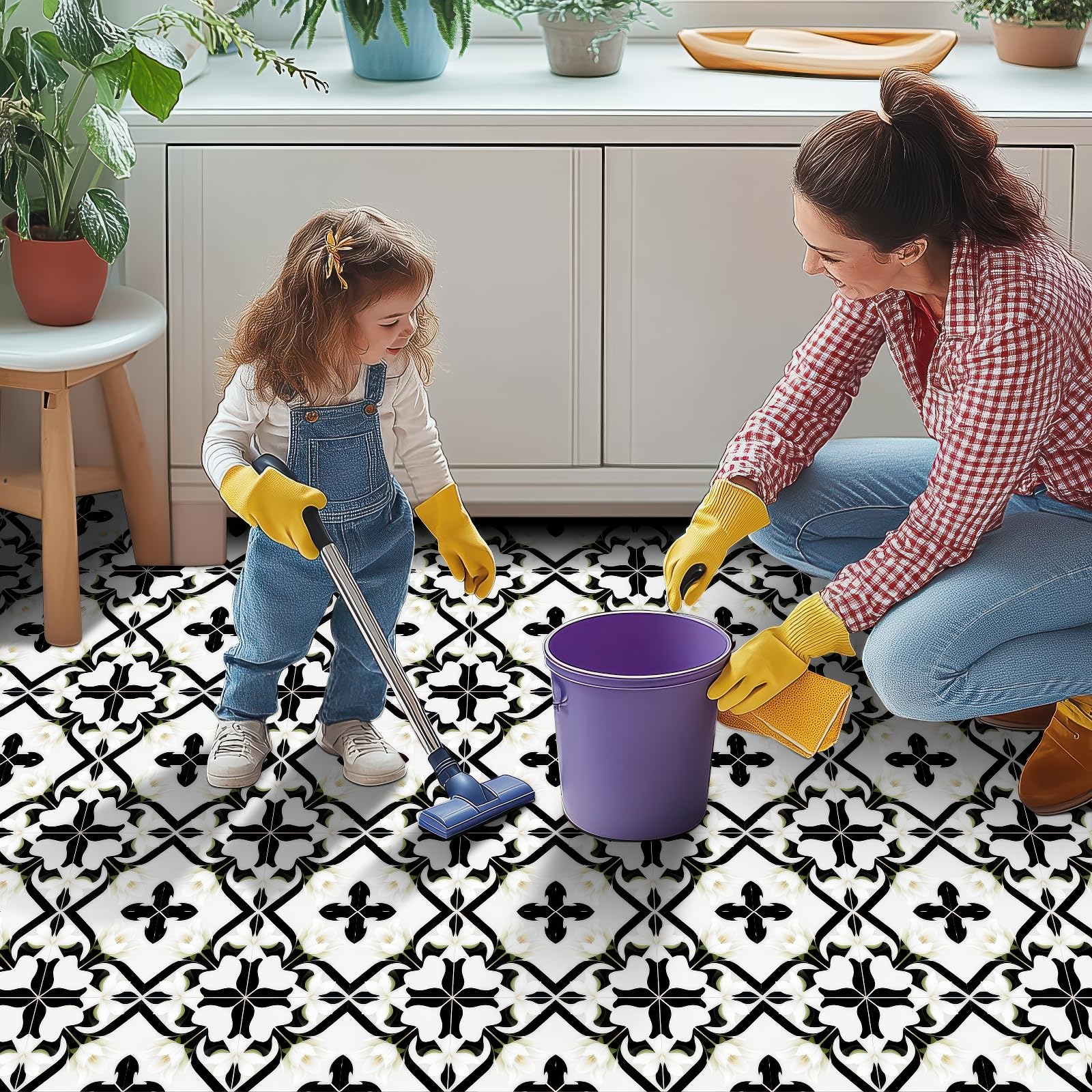 HOMETITUTE 10 piastrelle adesive rimovibili per pavimenti in vinile con motivo giglio bianco e nero, 30,5 x 30,5 cm, per cucina, bagno, soggiorno, ingresso, decorazione per la casa