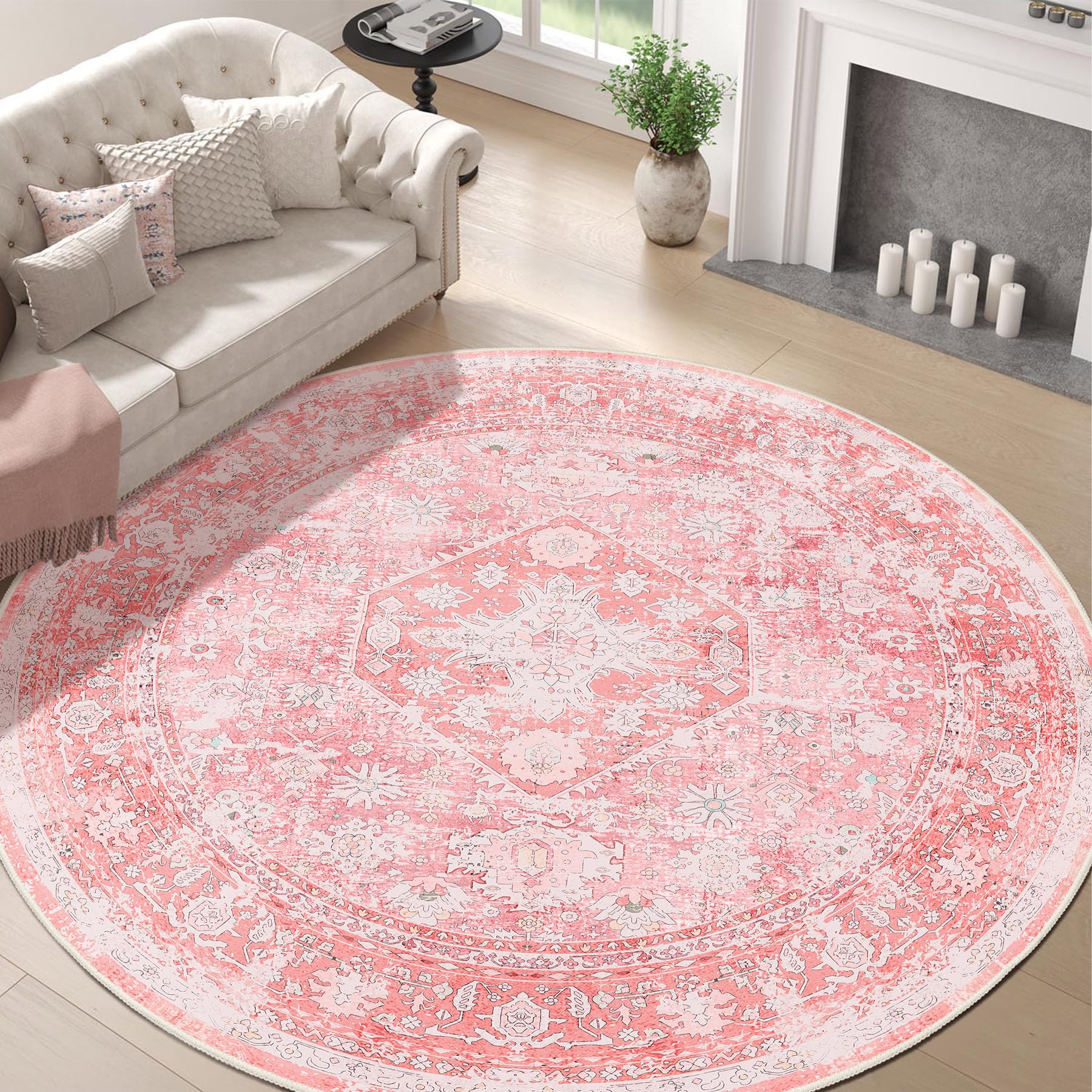 MUJOO Round Rugs 9ft,Pink Circle Area Rug Washable,Girls Boho Circular Rugs for Living Room Bedroom,Large Non Slip Throw Carpet Soft Pink Floral