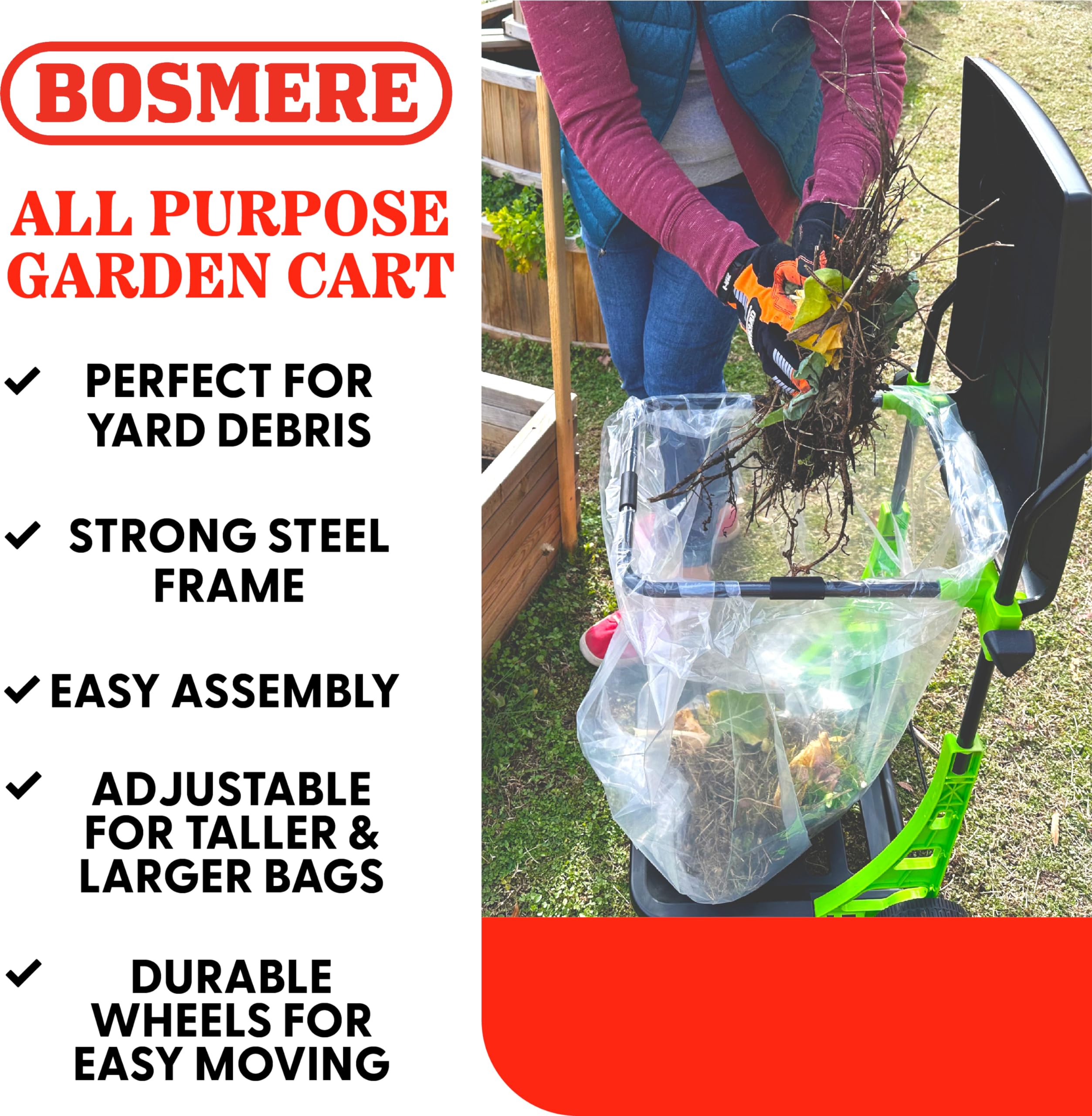 Bosmere Carrito de jardín Multiusos, Cubo de Basura Plegable Ajustable, Cubo de Basura portátil, Acero de aleación, Color Verde