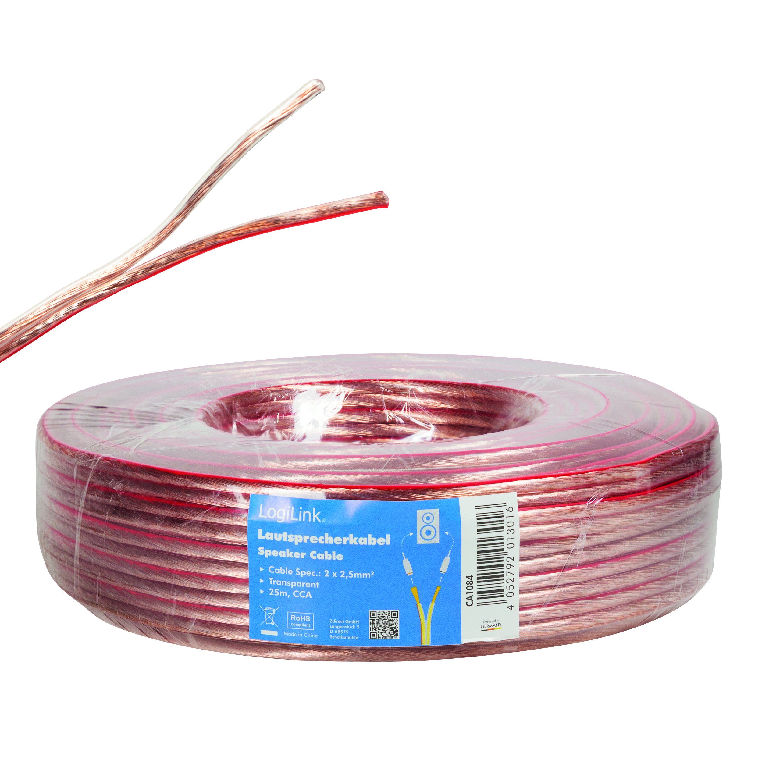 LogiLink CA1084 - Cable de Altavoz para Sistema HiFi (2 x 2,50 mm, sección Transversal, 25 m), Transparente