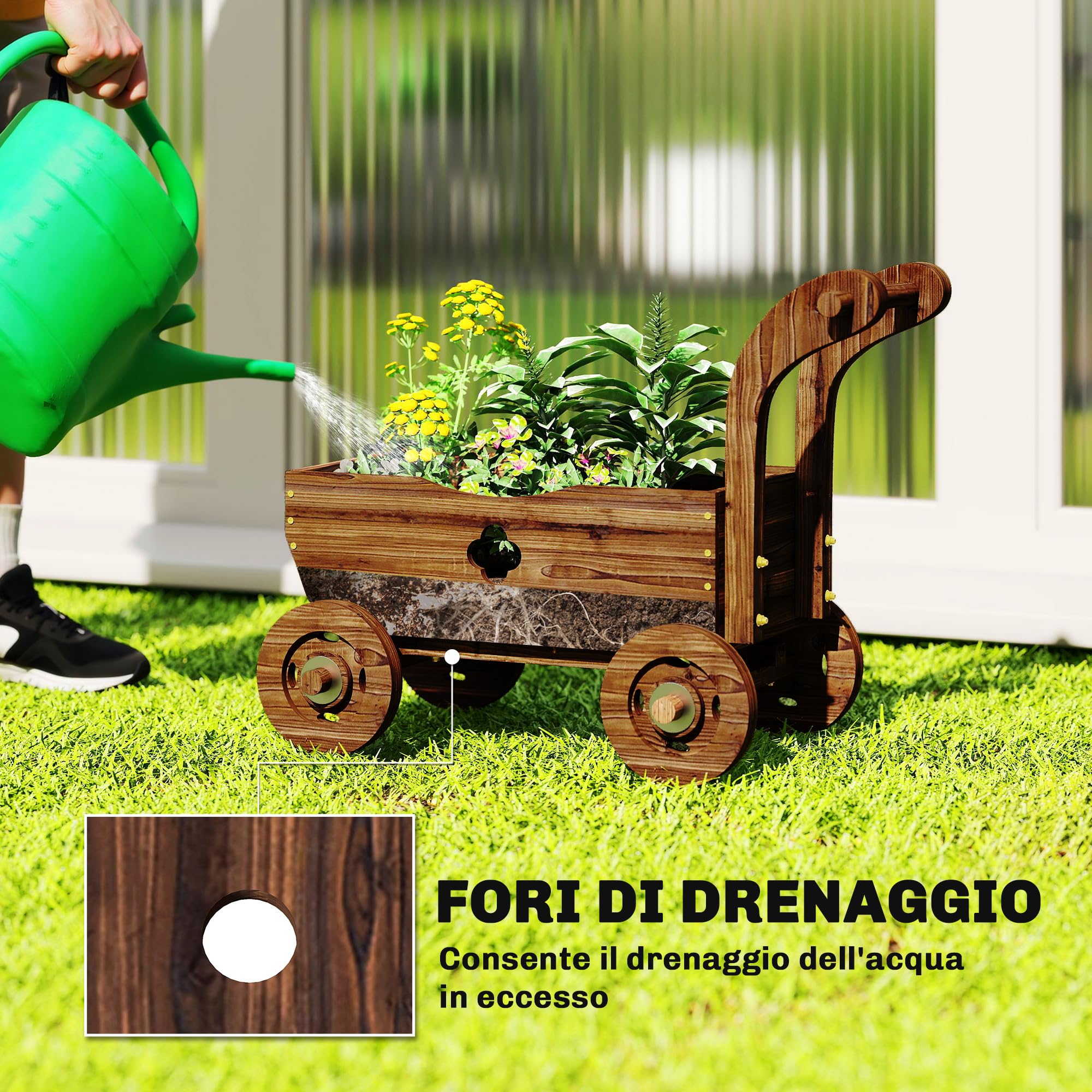 Outsunny Letto per Orto Rialzato da Esterno a Forma di Carretto con 4 Ruote e Maniglia, Fioriera in Legno di Abete con Fori di Drenaggio, per Balcone Patio, 68x38x52 cm, Carbonizzato