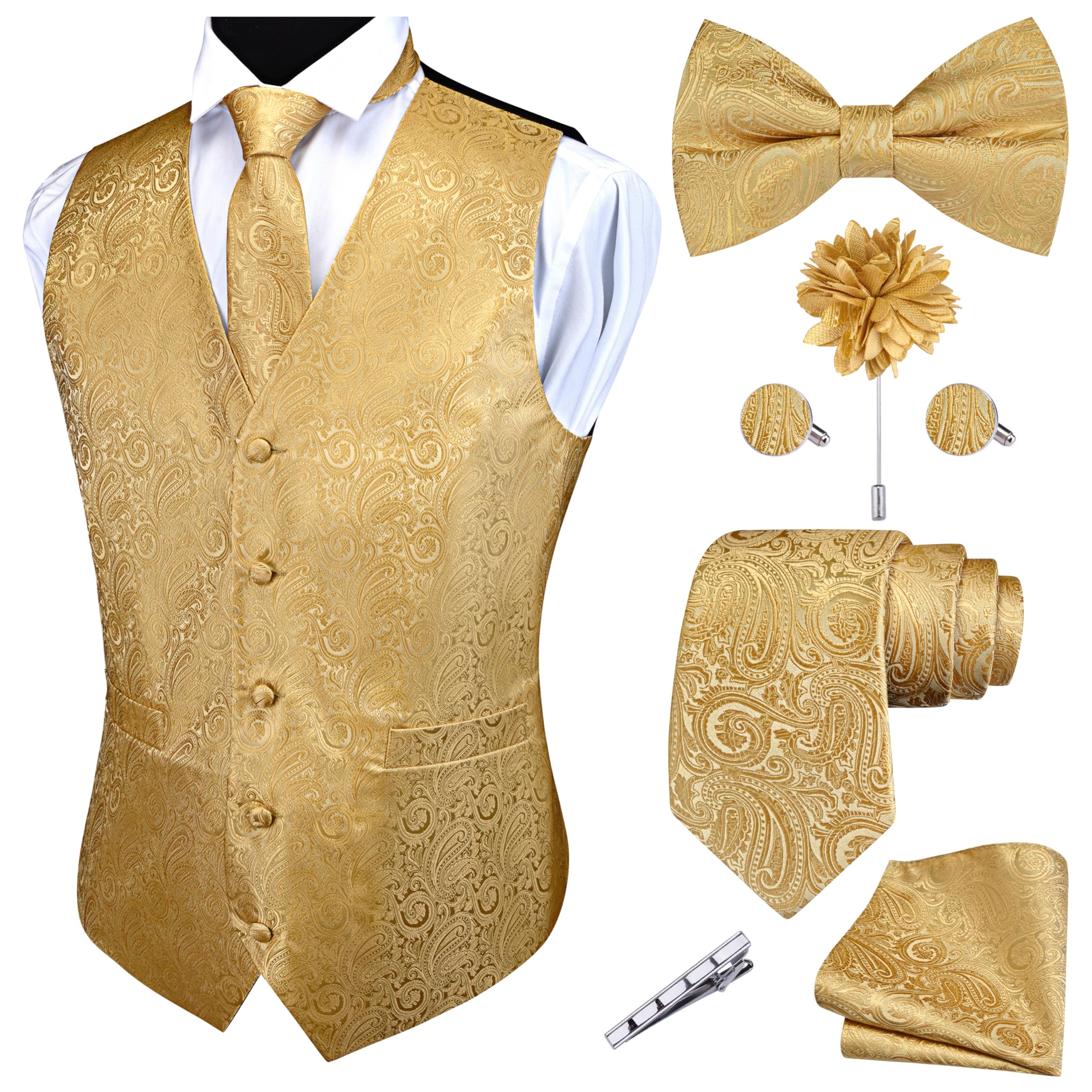 GUSLESON Formal Men Vest Paisley Floral Jacquard Tie Waistcoat Bow tie Hanky Lapel Pin Cufflinks Set Wedding 7PCS
