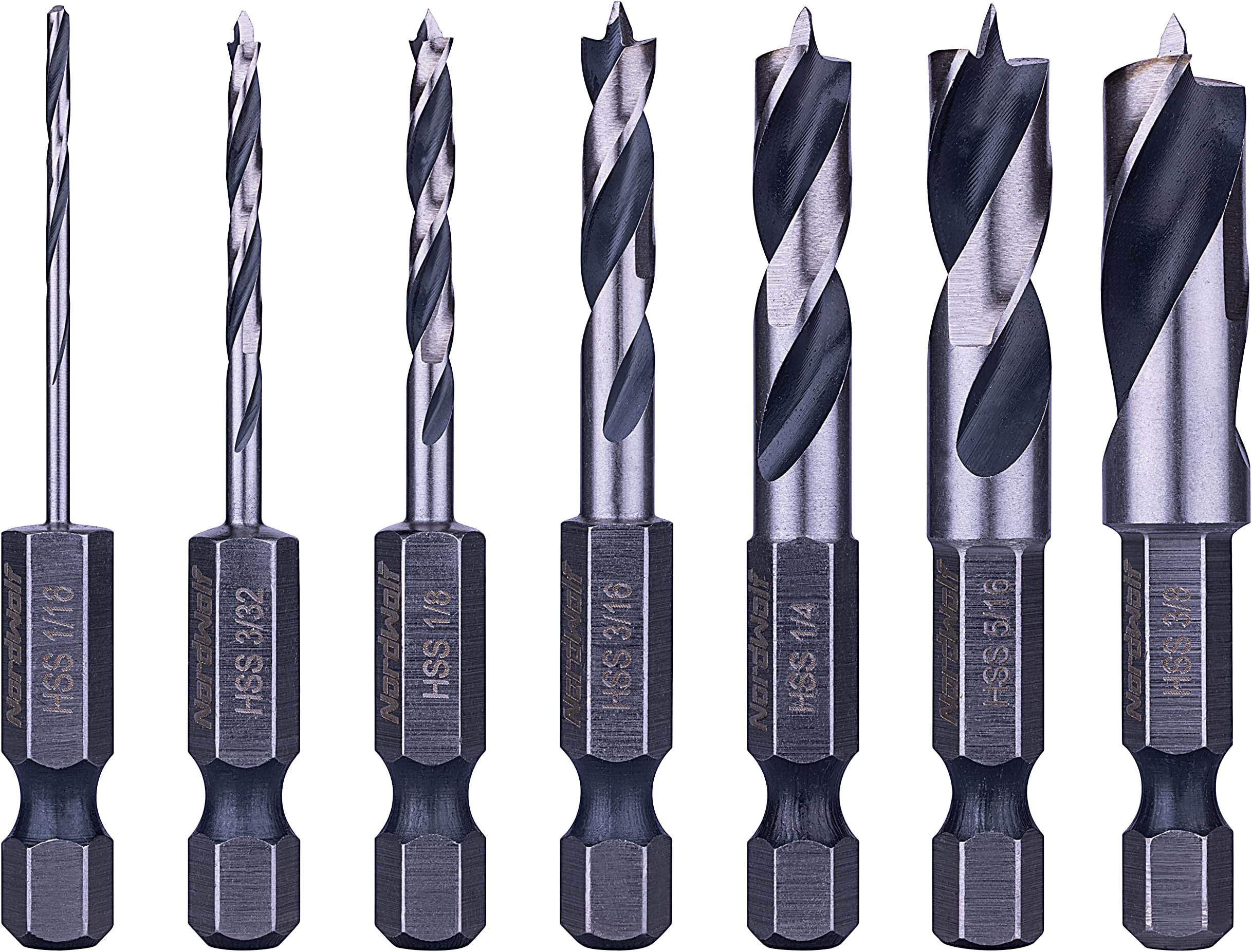 NordWolf 7-Piece HSS Brad Point Stubby Wood Drill Bit Set with 1/4" Hex Shank for Carpenter Woodworking, SAE Sizes 1/16"-3/32"-1/8"-3/16"-1/4"-5/16"-3/8"