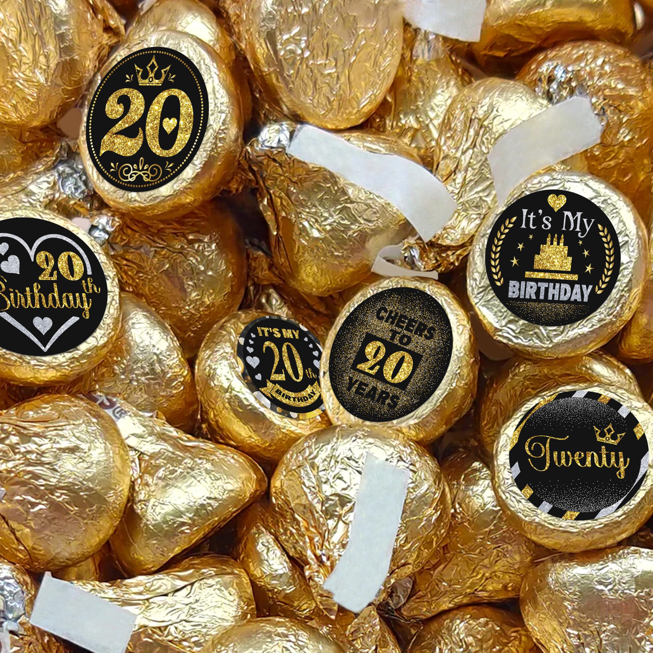 'Years Old Happy Birthday' okrągła naklejka cukierkowa - dekoracja na 20. urodziny - czarne złoto - okrągła naklejka cukierkowa upominki na przyjęcie - etykiety pasują do cukierków czekoladowych. 5