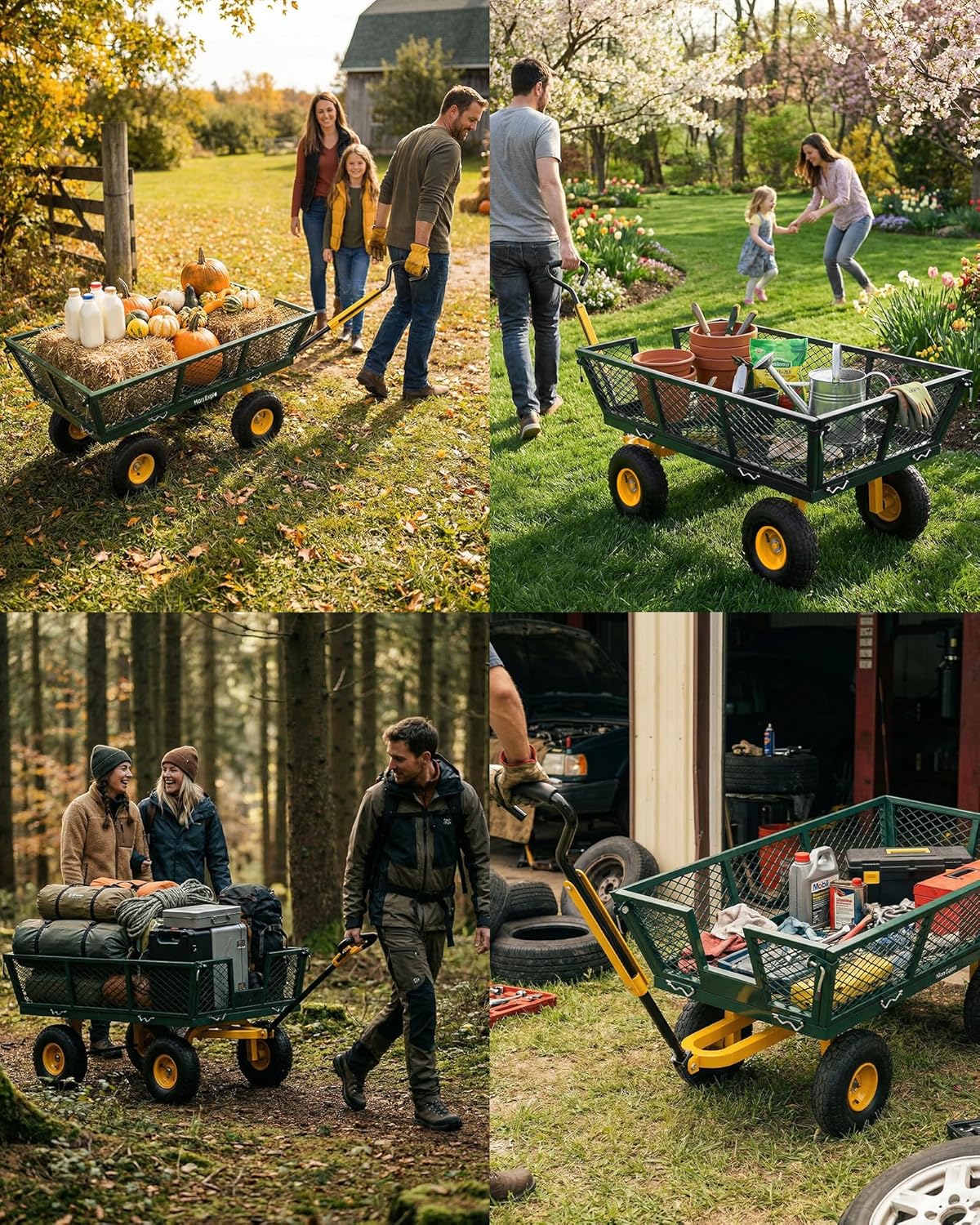 900 Lbs Heavy Duty Steel Garden Cart, Outdoor Metal Garden Wagon On Wheels, Utility Yard Cart with Mesh Removable Sides(Convert to Flatbed) and Removable Handle to Wheel Barrow, Green