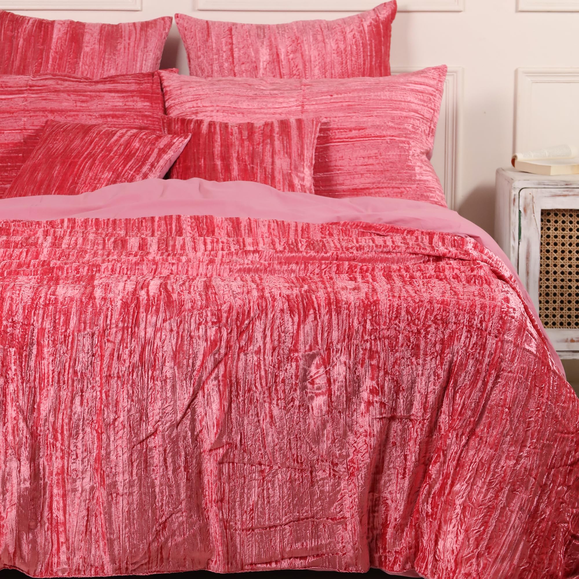 Sophia-Art Crushed Velvet Duvet Cover 3 Pcs Set Solid Pattern Luxury Bedding Cover Comforter Cover with 2 Pillow Shames UO Comforter (Crush-Pink,