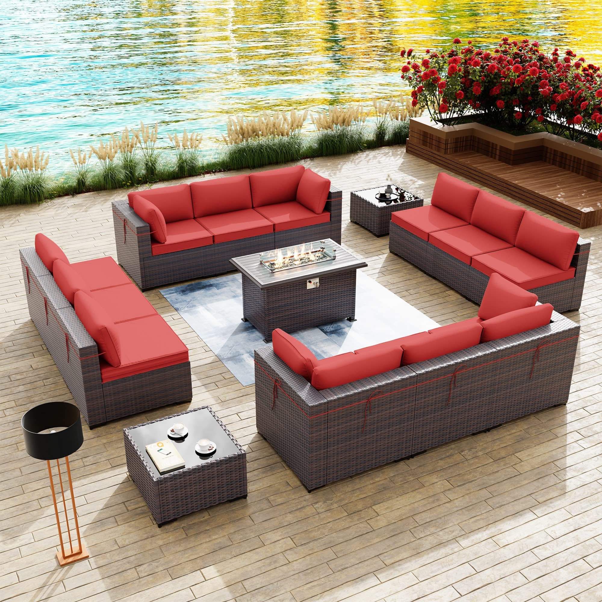 15 Pieces Outdoor Patio Furniture Set with 43" 55000BTU Gas Propane Fire Pit Table PE Wicker Rattan Sectional Sofa Patio Conversation Sets,Red