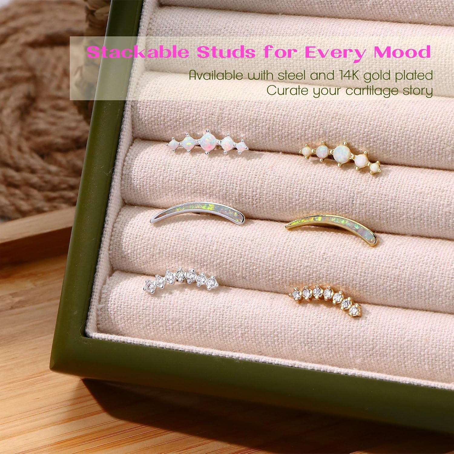 BodyBonita 3Pcs 16G Cartilage Earrings for Women, 316L Surgical Steel Flat Back Earrings Piercings, Opal CZ Stud Earrings Set, Lobe Conch Helix Daith Tragus Jewelry Gold Plated/Silver - Image 6