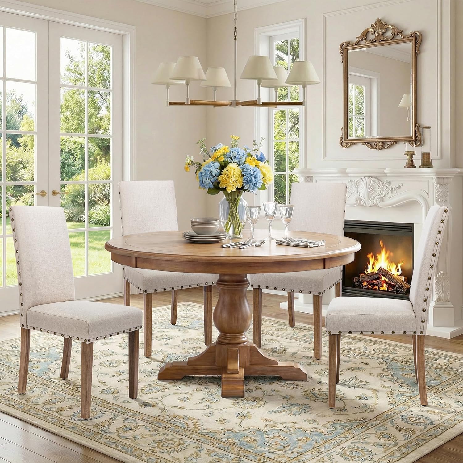 Upholstered Dining Chair Modern Stylish Parsons Kitchen Diner High Back with Bronze Nailhead Trim & Wood Legs, Set of 4, Beige
