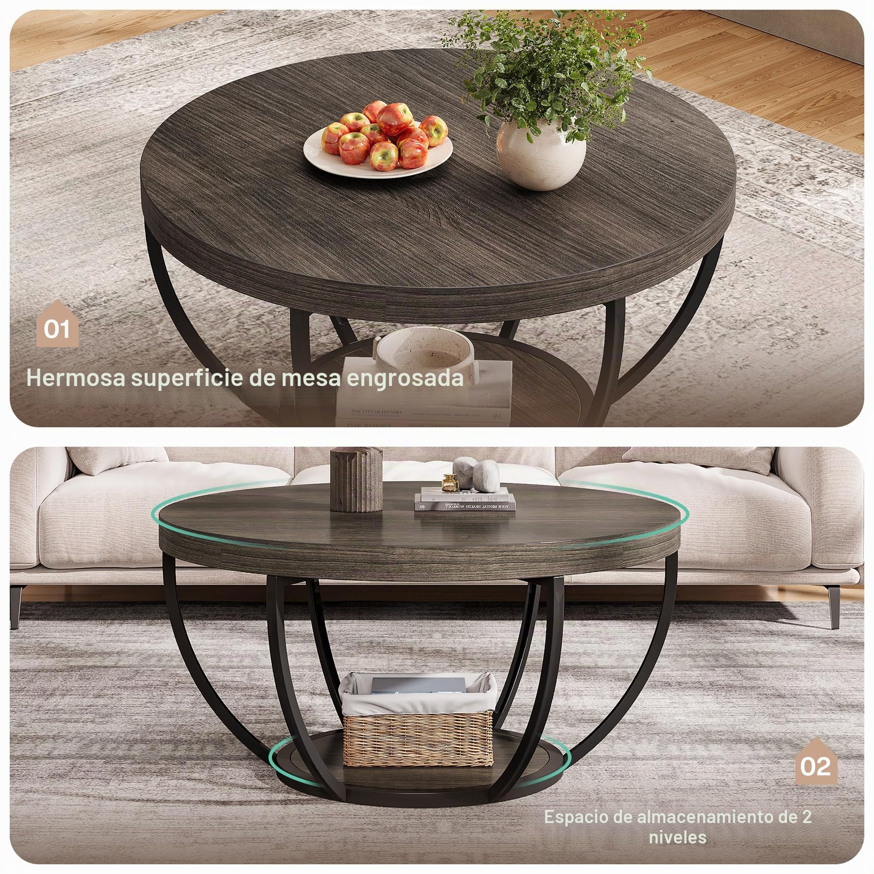 Tribesigns Mesa de Centro Redonda, 80 cm Mesa de Café Industrial Circular de 2 Niveles, Mesita Baja Sofá, Mesa Central Moderna de Madera para sofá, Mesa Auxiliar para Sala de Estar, Gris