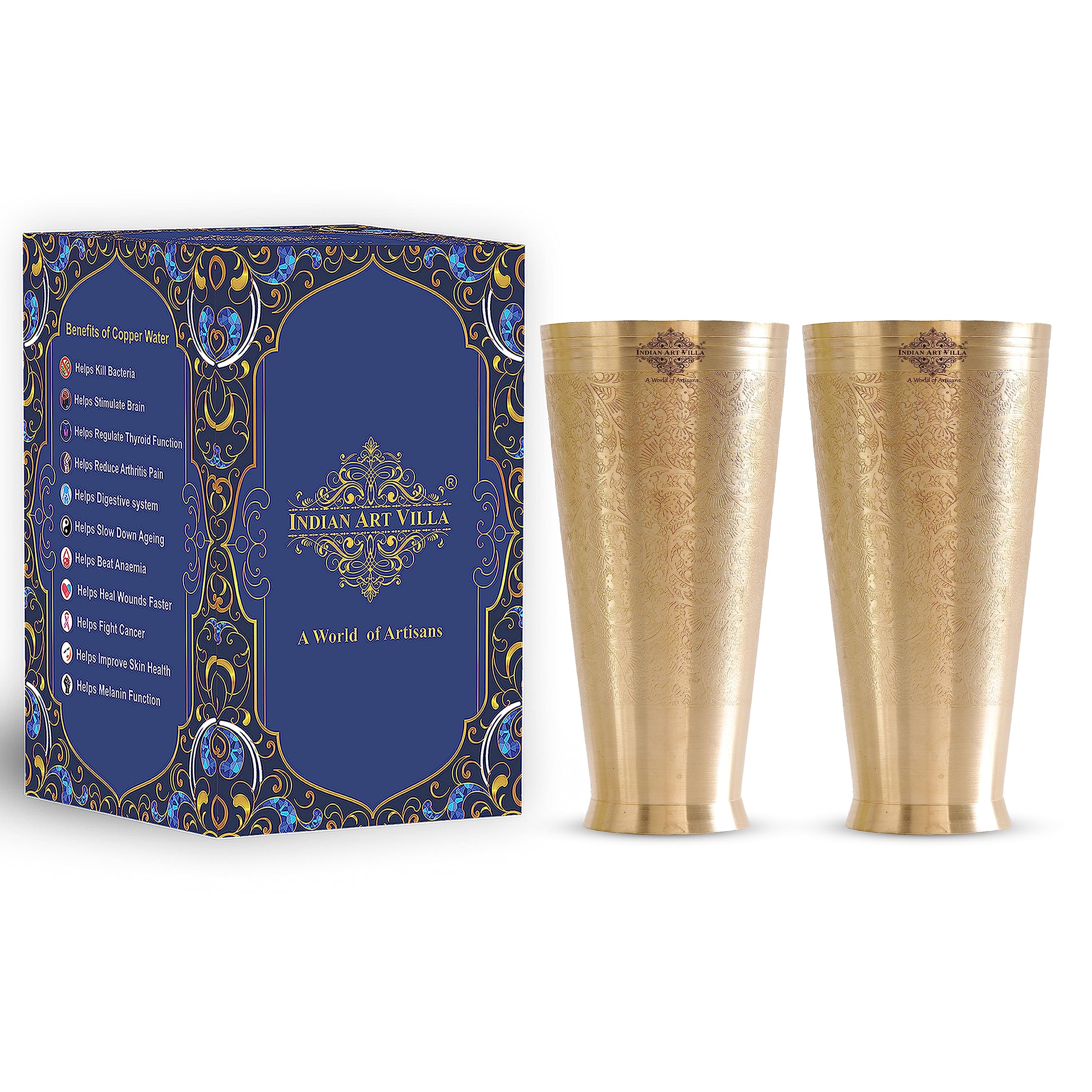 INDIAN ART VILLA Set of 2 Brass Lassi Glass with Embossed Design, Drinkware & Serveware for Lassi, Milk, and Water, Height-4.5" Inches, Volume-400 ml