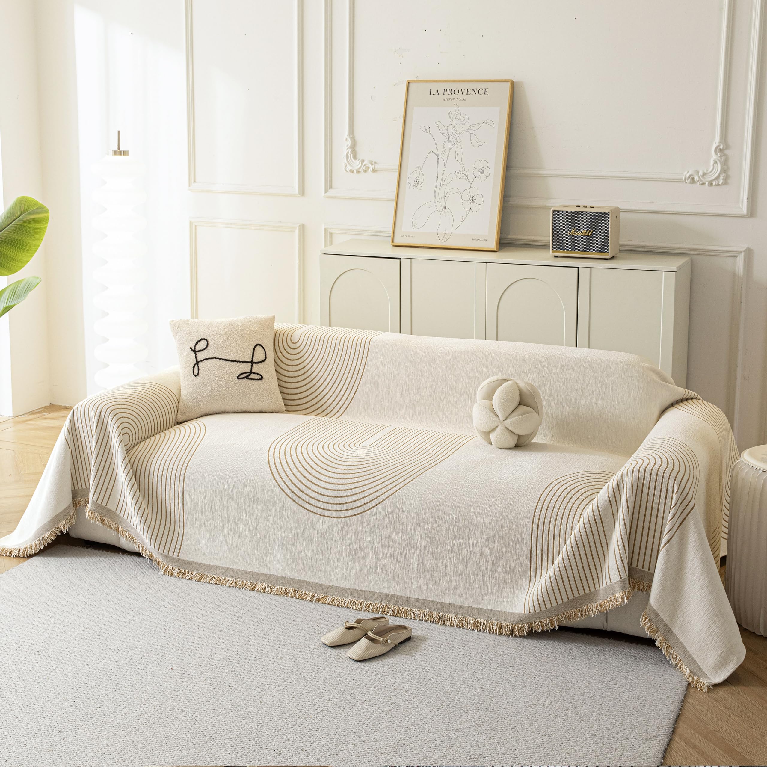 Couch Cover for Dogs, Boho Sofa Covers for 3 Cushion Couch, Chenille Sofa Slipcover for Pets Washable, L-Shape Sectional Couch Loveseat Cover Soft Throw Blankets with Tassels(71x134,Arc Beige)