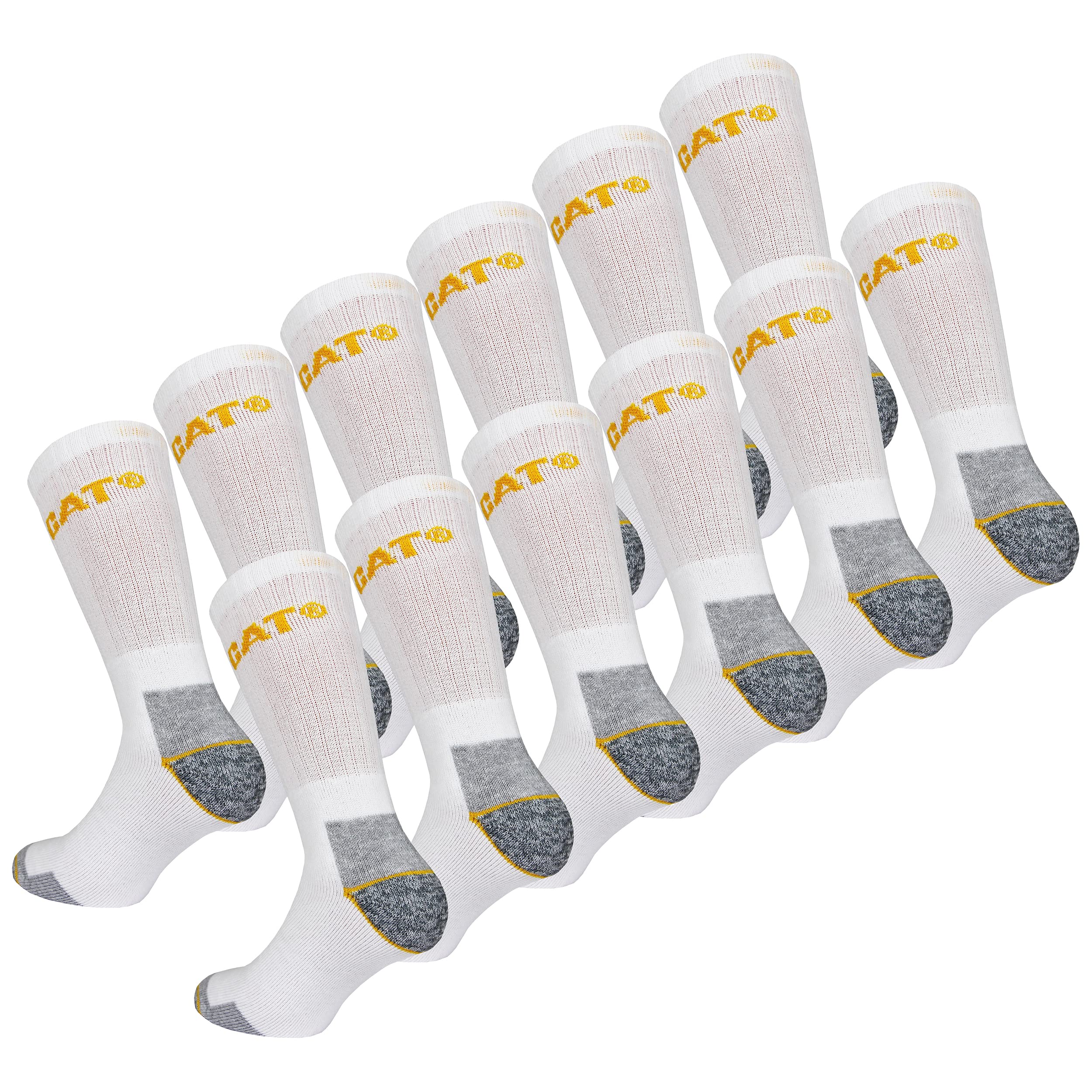 Caterpillar 12 Paar Arbeitssocken Mid Calf Wadenhöhe - Sicherheitsschuhe - Verstärkte Fersenzehen - Frottee Baumwolle (Weiß, 41-45)